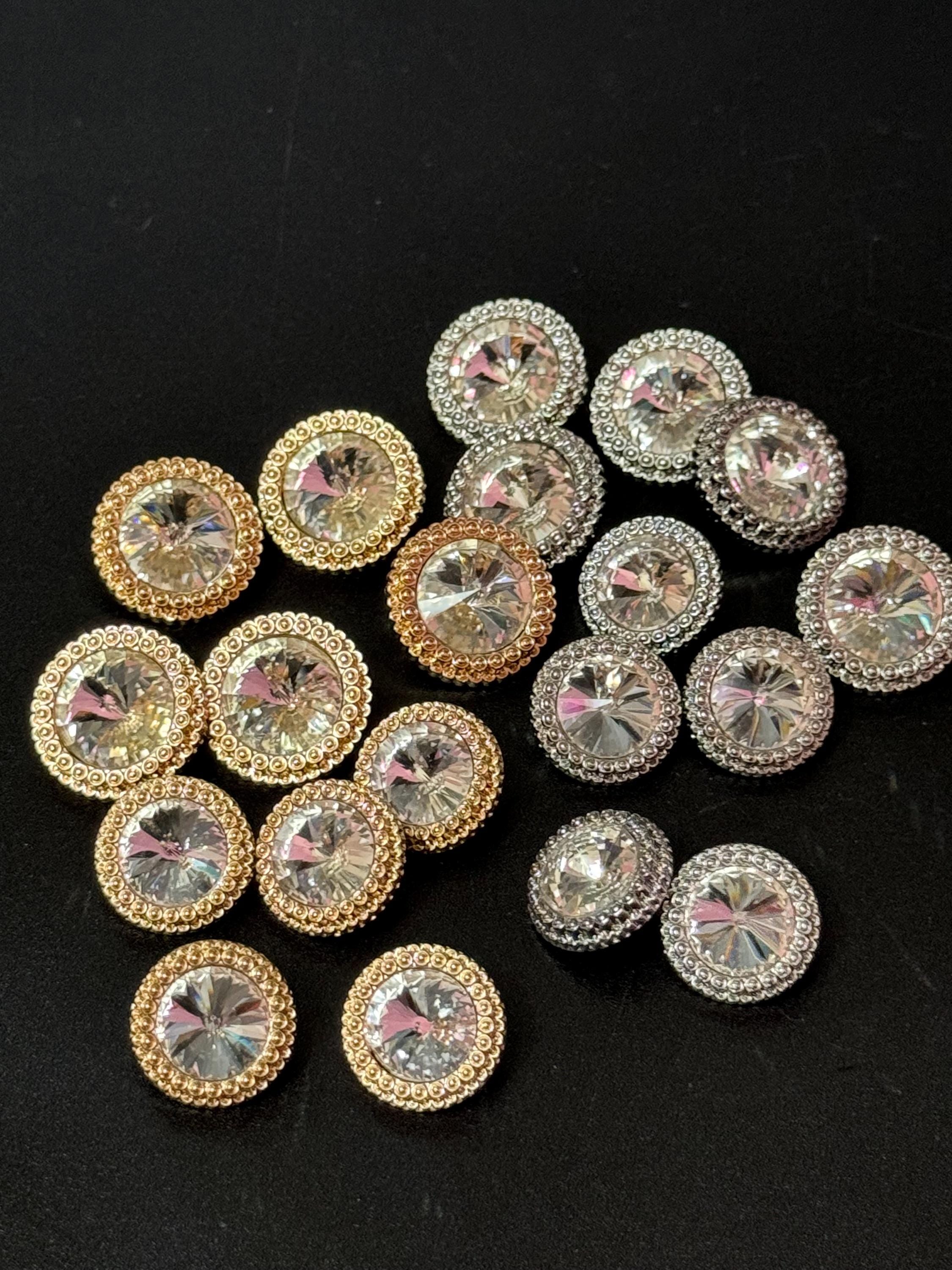 17mm clear Rivoli Crystal glass buttons, pack of 5, gold tone metal