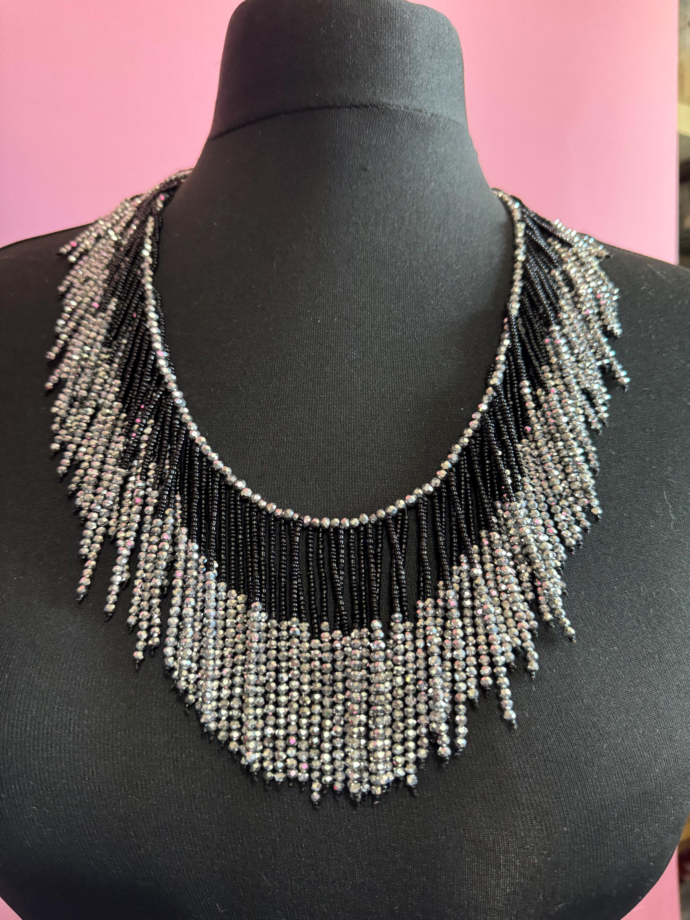 signed AV grey black faceted glass beaded wide runway fashion fringed necklace