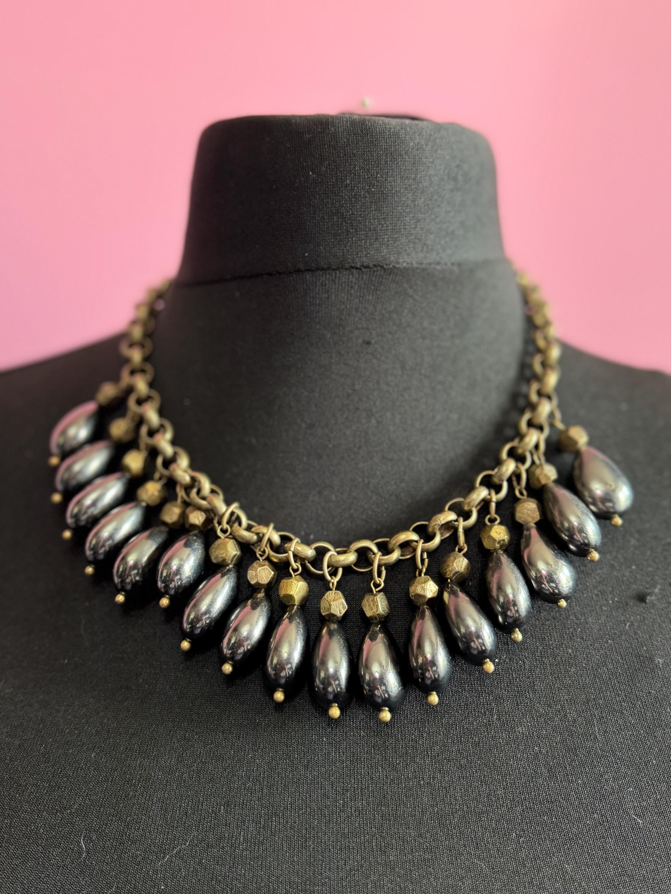 grey black pebble glass beaded  runway fashion fringed collar necklace,  retro