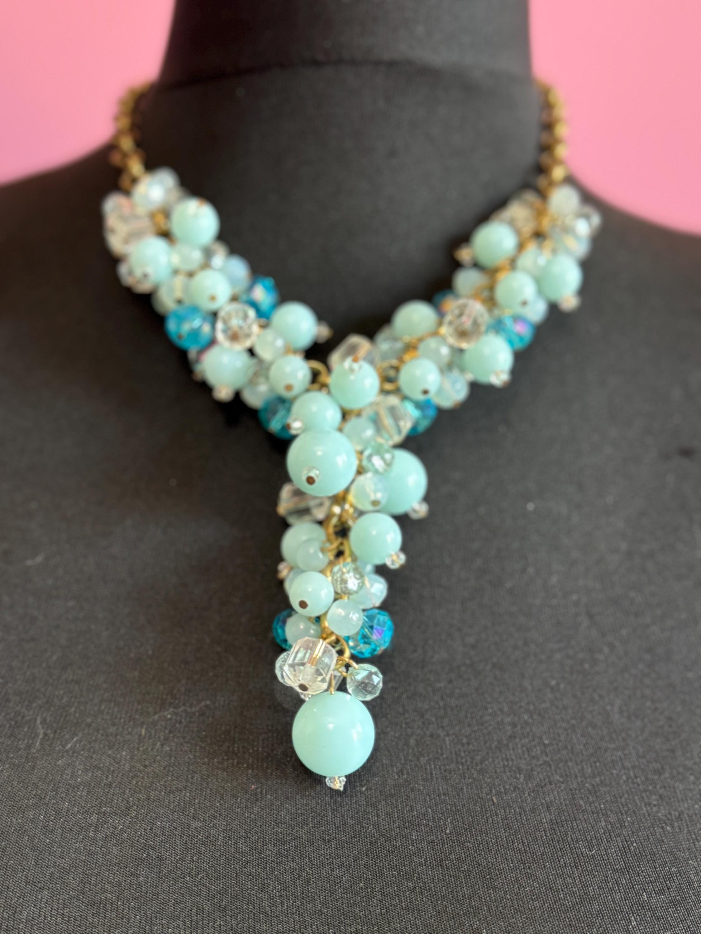 chunky turquoise blue round beaded glass drop necklace retro bronzed chain