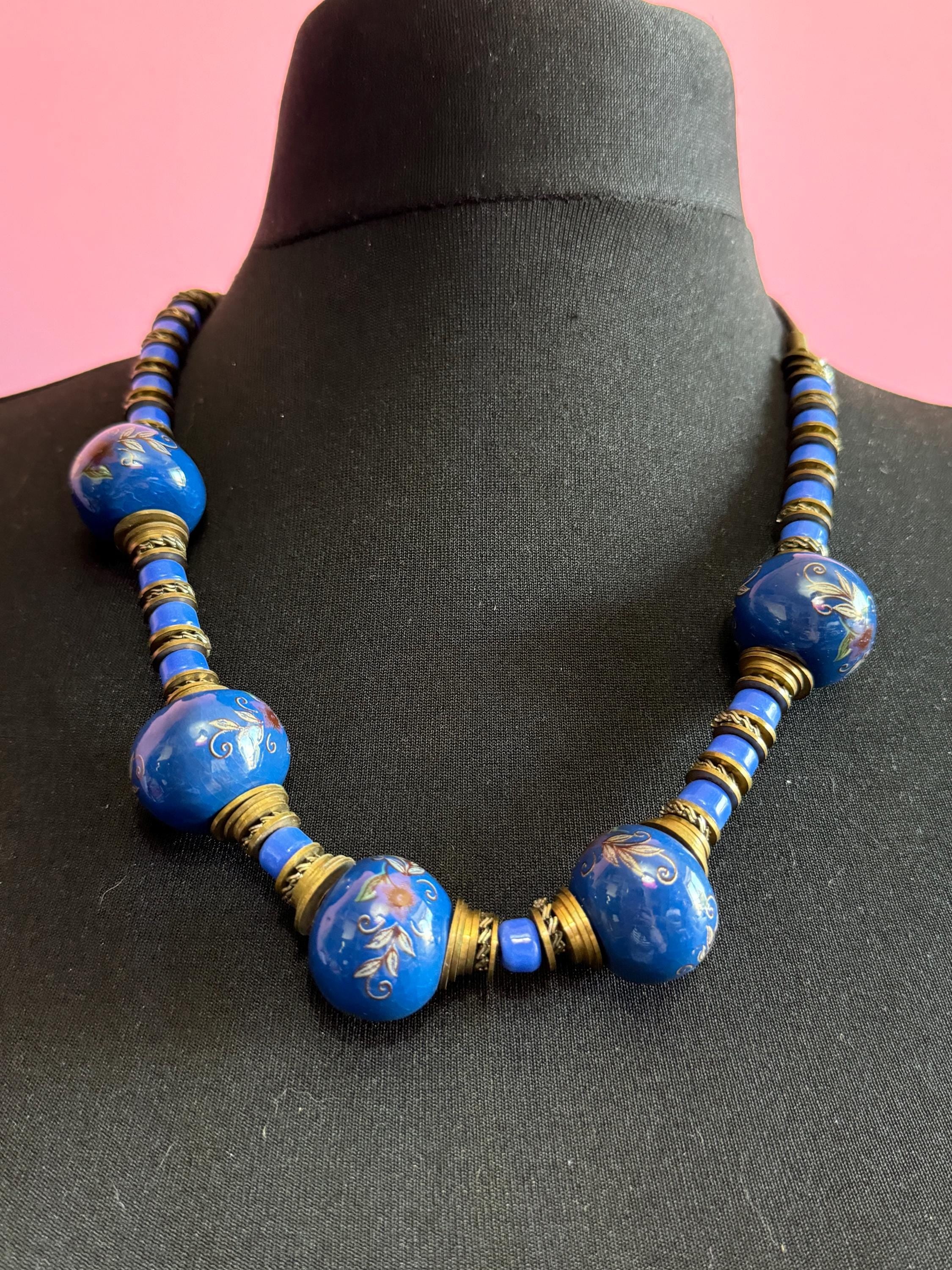 Chinese chunky royal blue painted floral ceramic beaded necklace on leather 62cm