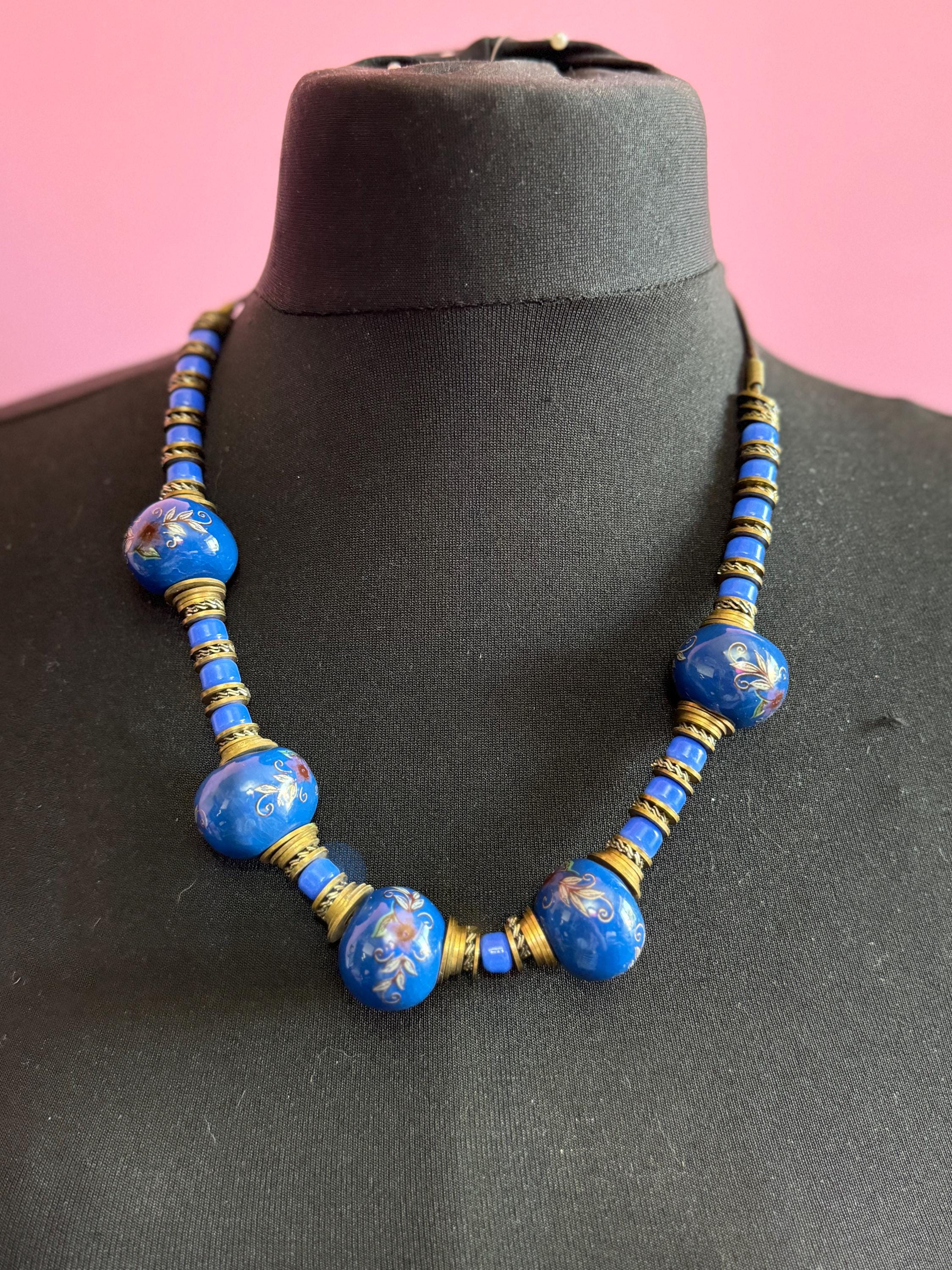 Chinese chunky royal blue painted floral ceramic beaded necklace on leather 62cm