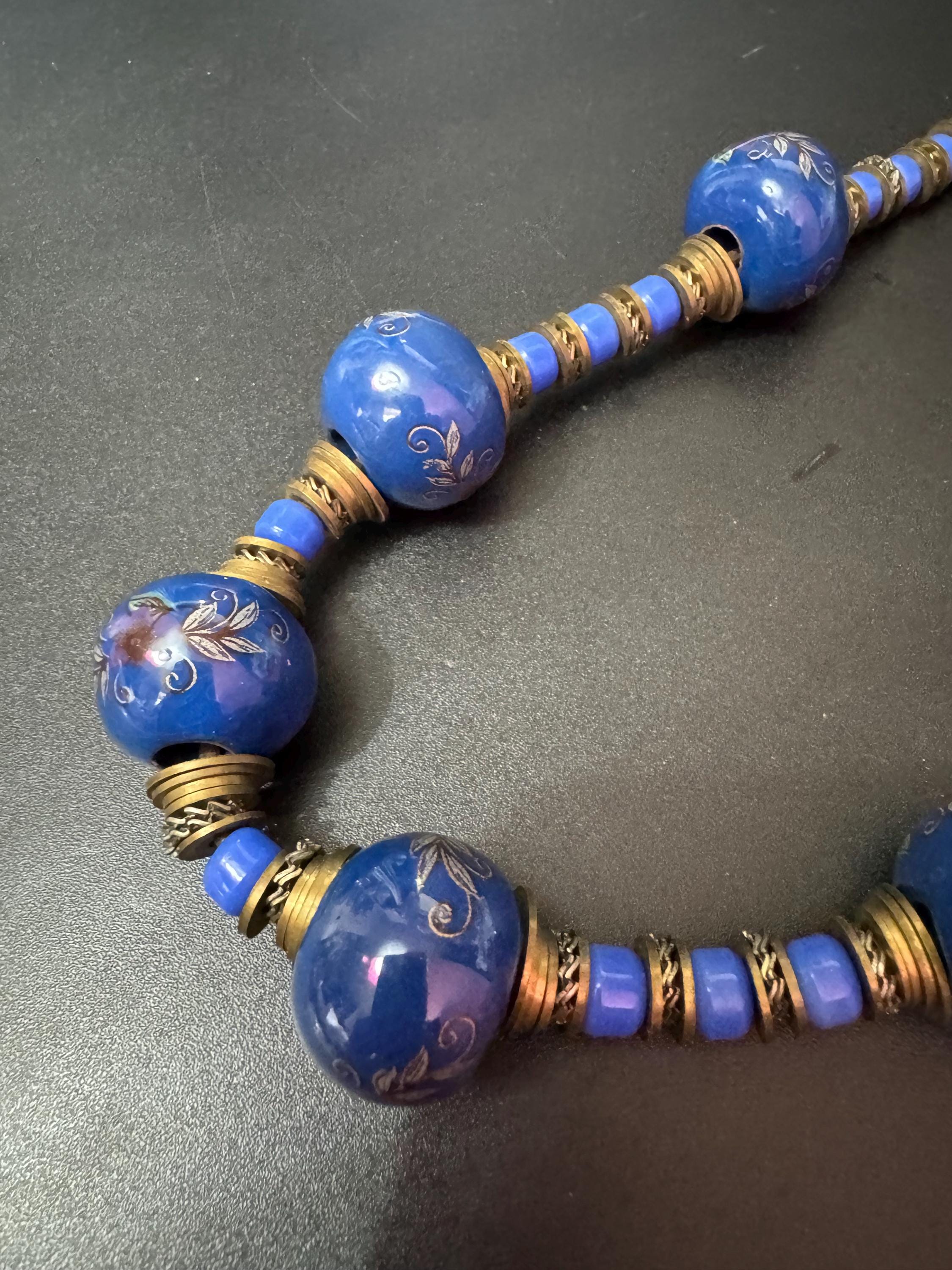 Chinese chunky royal blue painted floral ceramic beaded necklace on leather 62cm