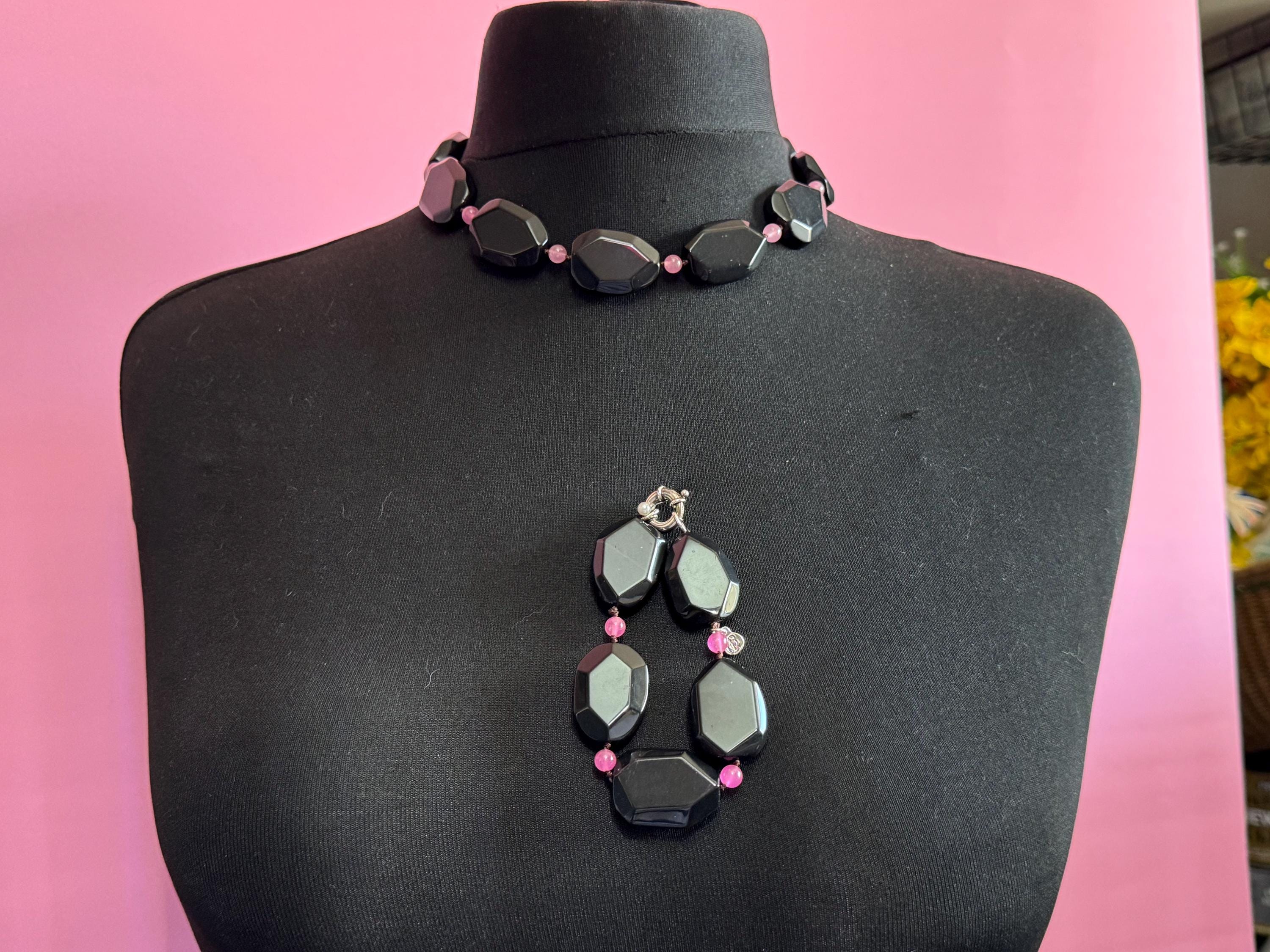 Signed 925 silver Modernist black tourmaline and pink gemstone chunky beaded necklace and bracelet set