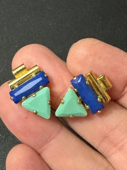 Signed Reminiscence Vintage small Egyptian style turquoise and blue rhinestone earrings Paris French