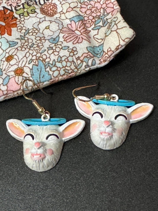 Vintage Les Nereides dangly white enamel goat drop pierced earrings French designer gold tone