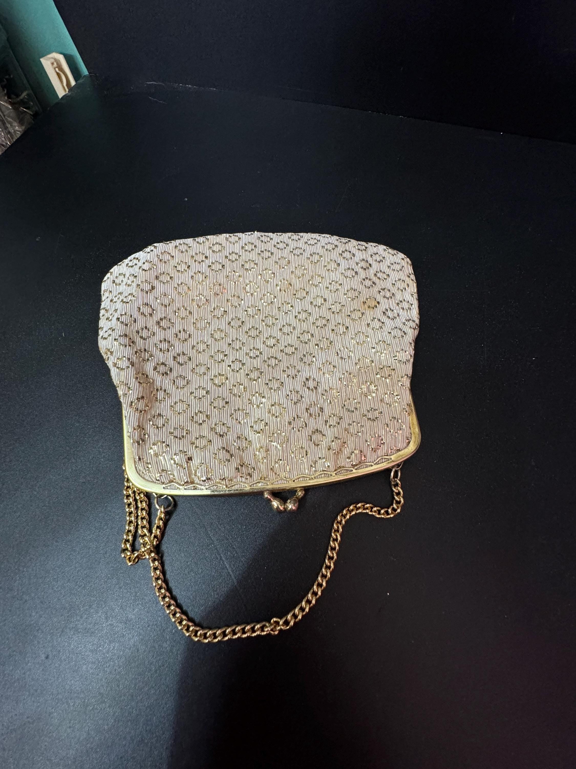 Vintage gold Lurex lame clutch Evening bag cosmetics chain Purse 1960s 1970s