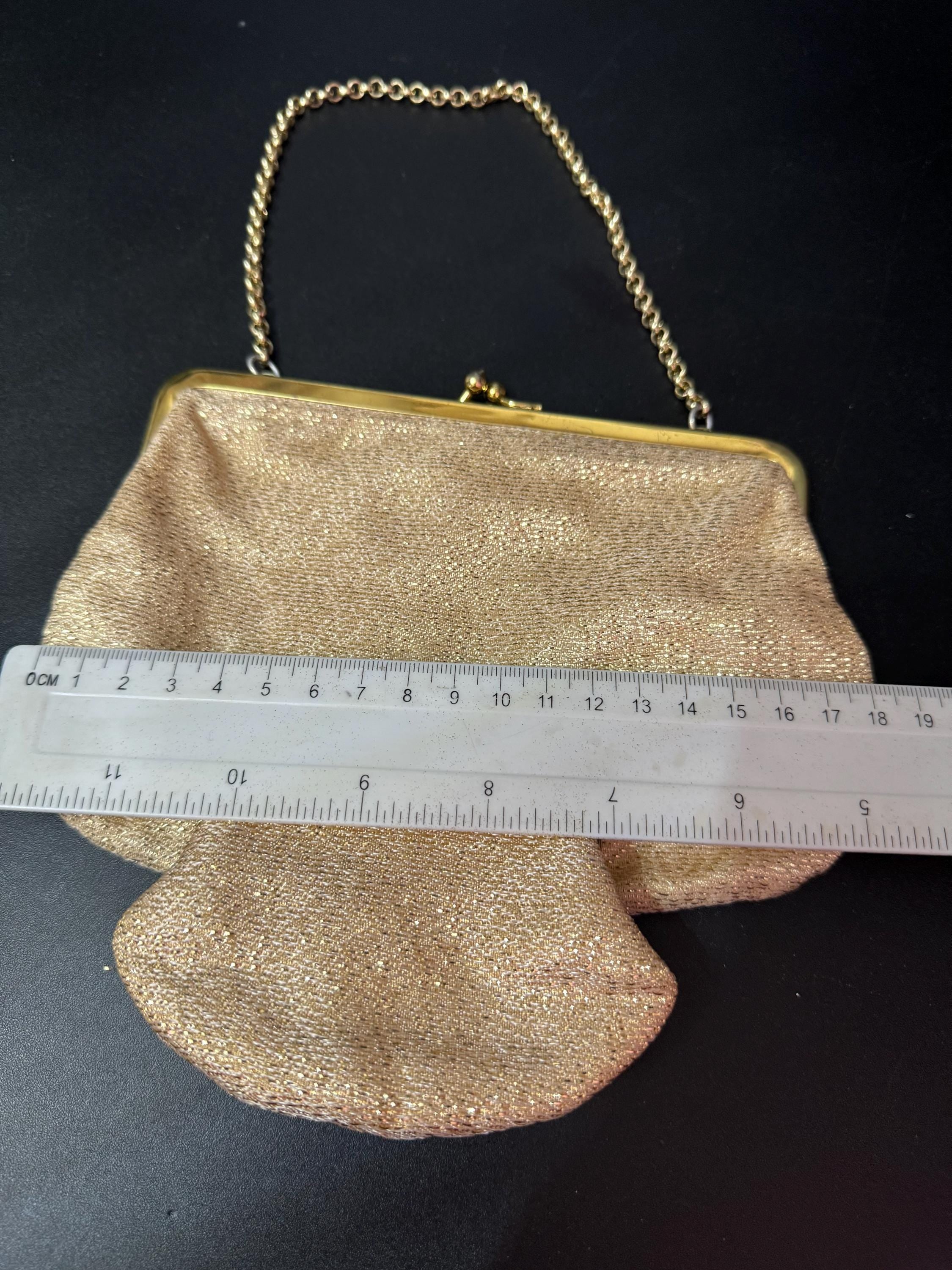 Vintage gold Lurex lame clutch Evening bag cosmetics chain Purse 1960s 1970s