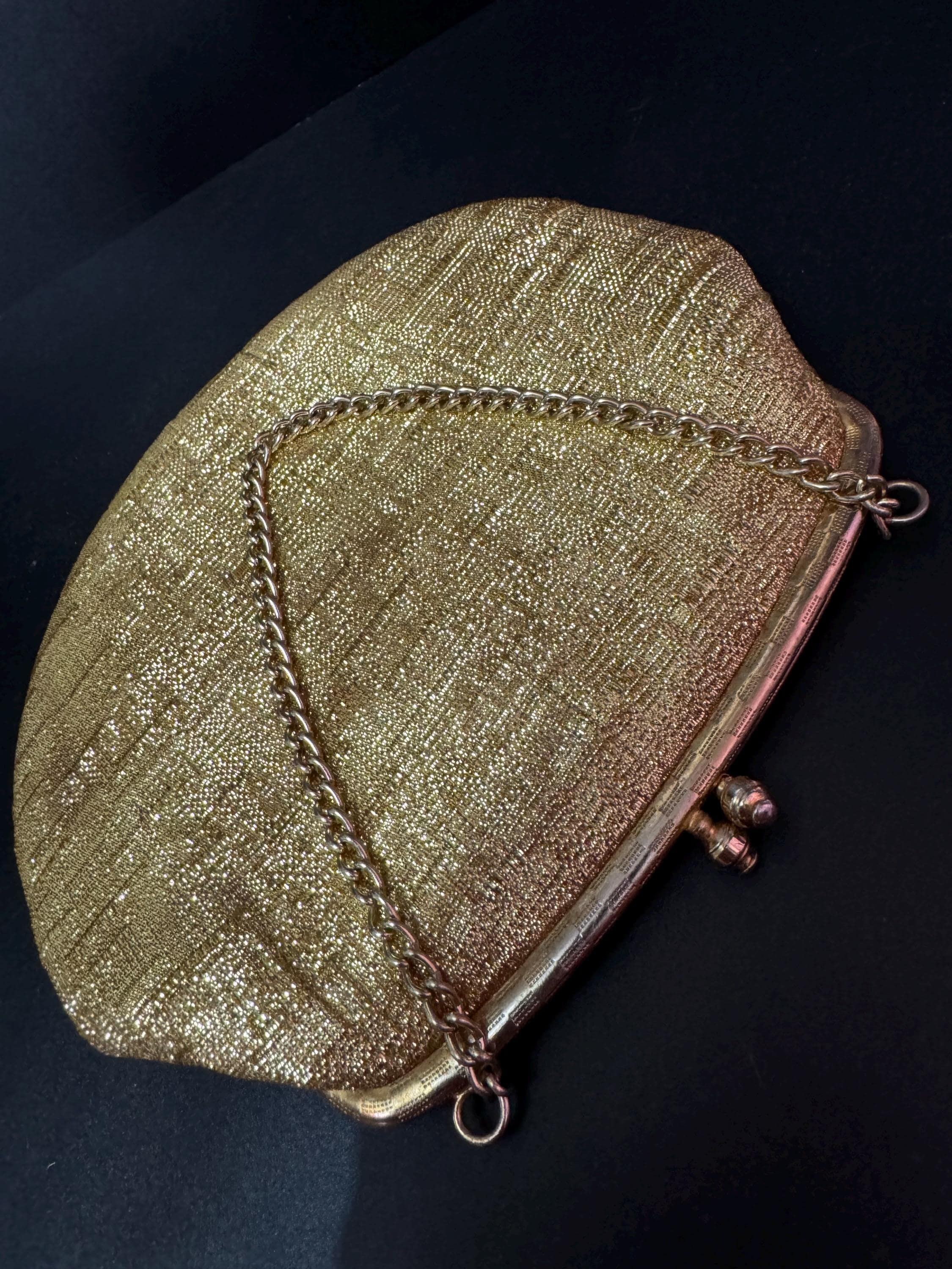 Vintage gold Lurex lame clutch Evening bag cosmetics chain Purse 1960s 1970s