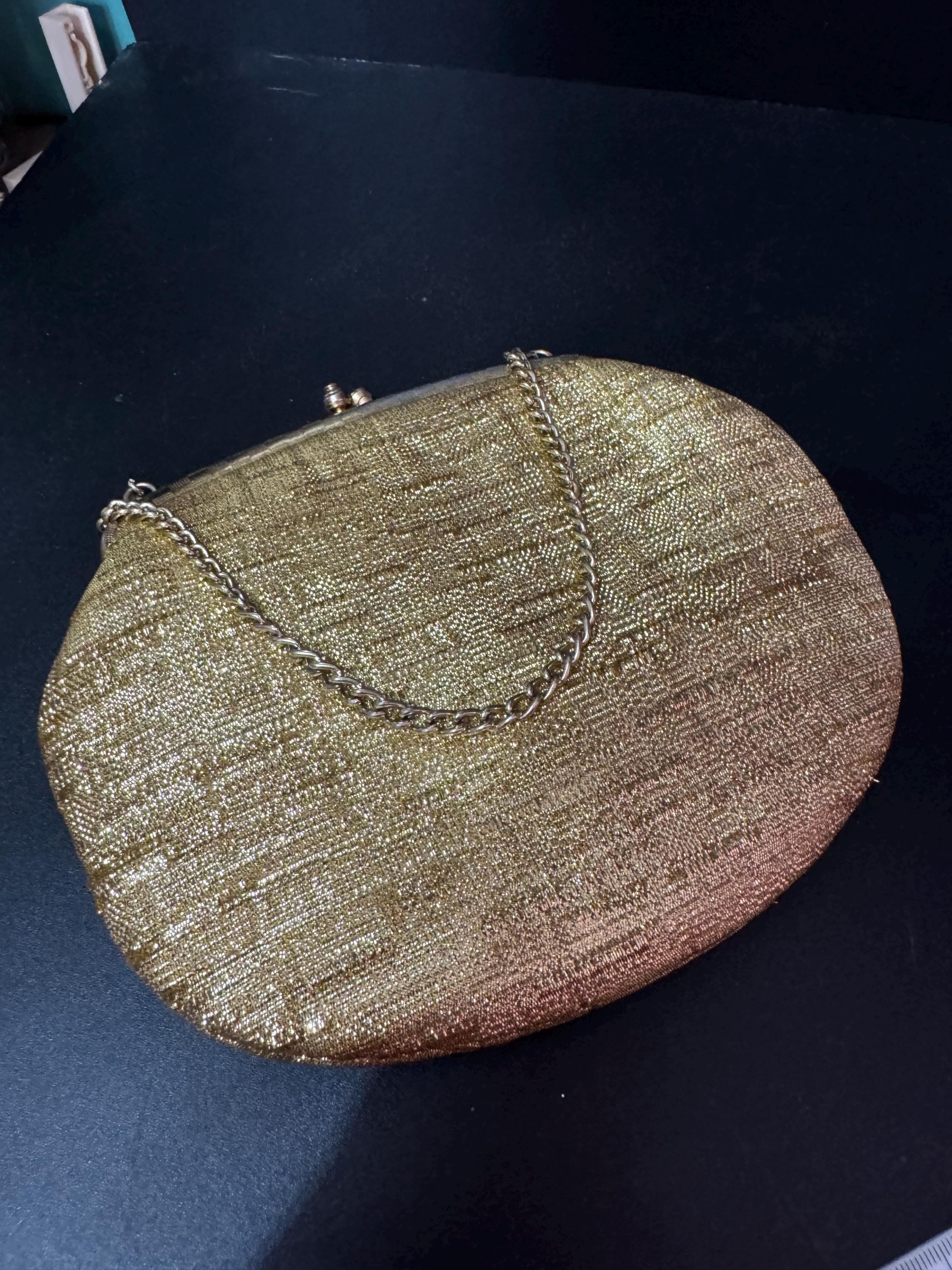 Vintage gold Lurex lame clutch Evening bag cosmetics chain Purse 1960s 1970s