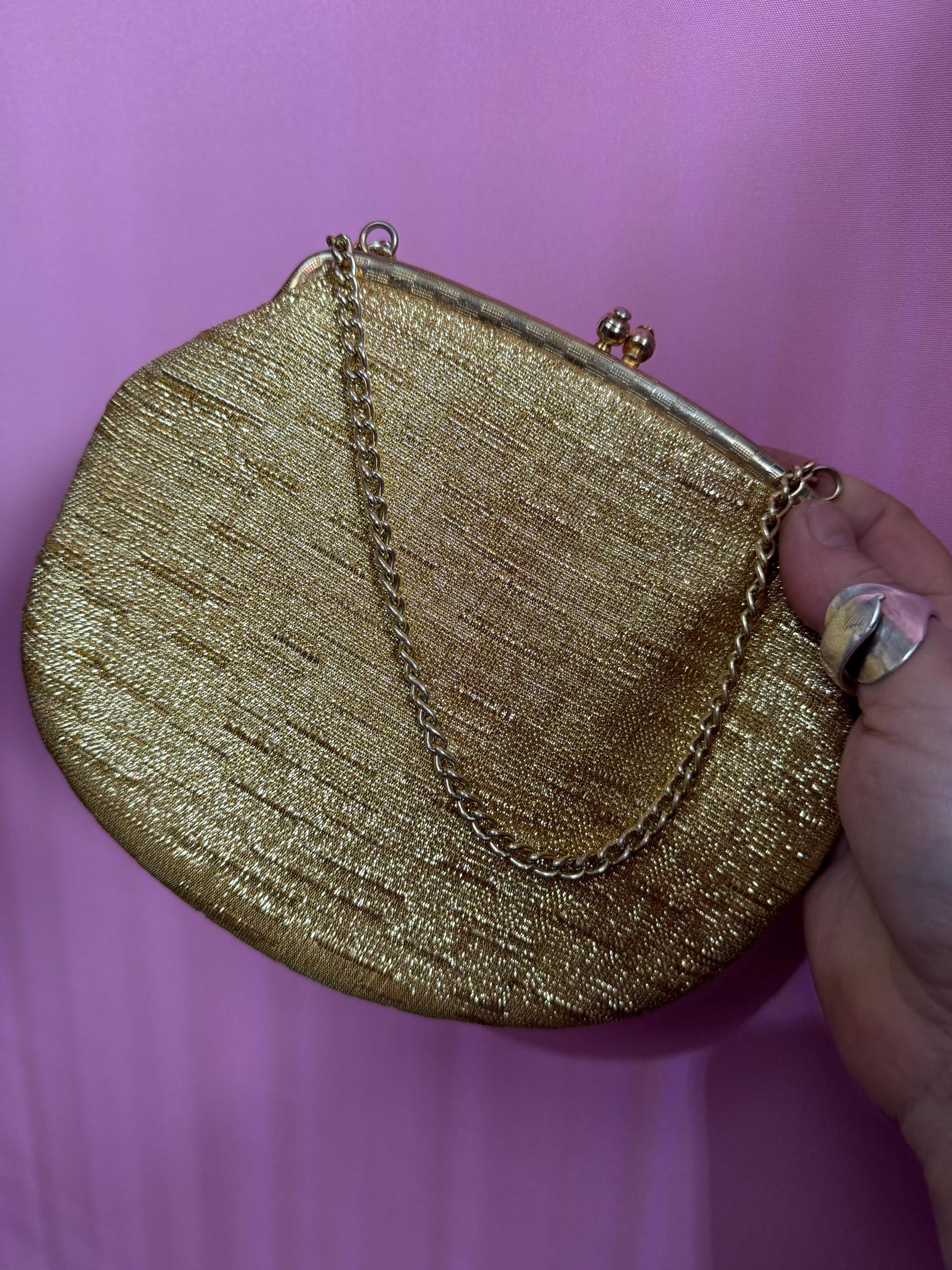 Vintage gold Lurex lame clutch Evening bag cosmetics chain Purse 1960s 1970s