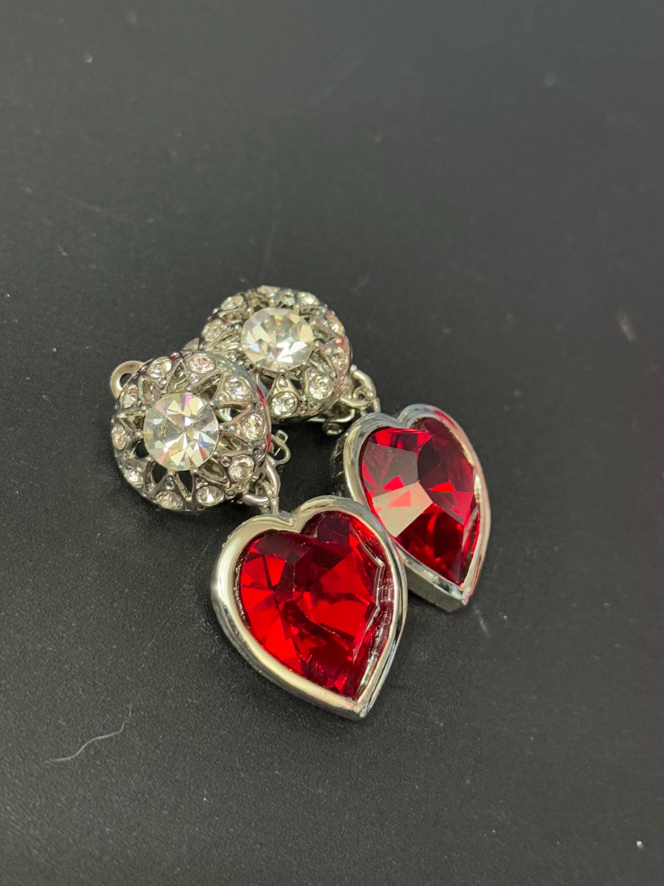 vintage silver tone ruby red and and clear Swarovski crystal love heart dangly drop earrings 1980s