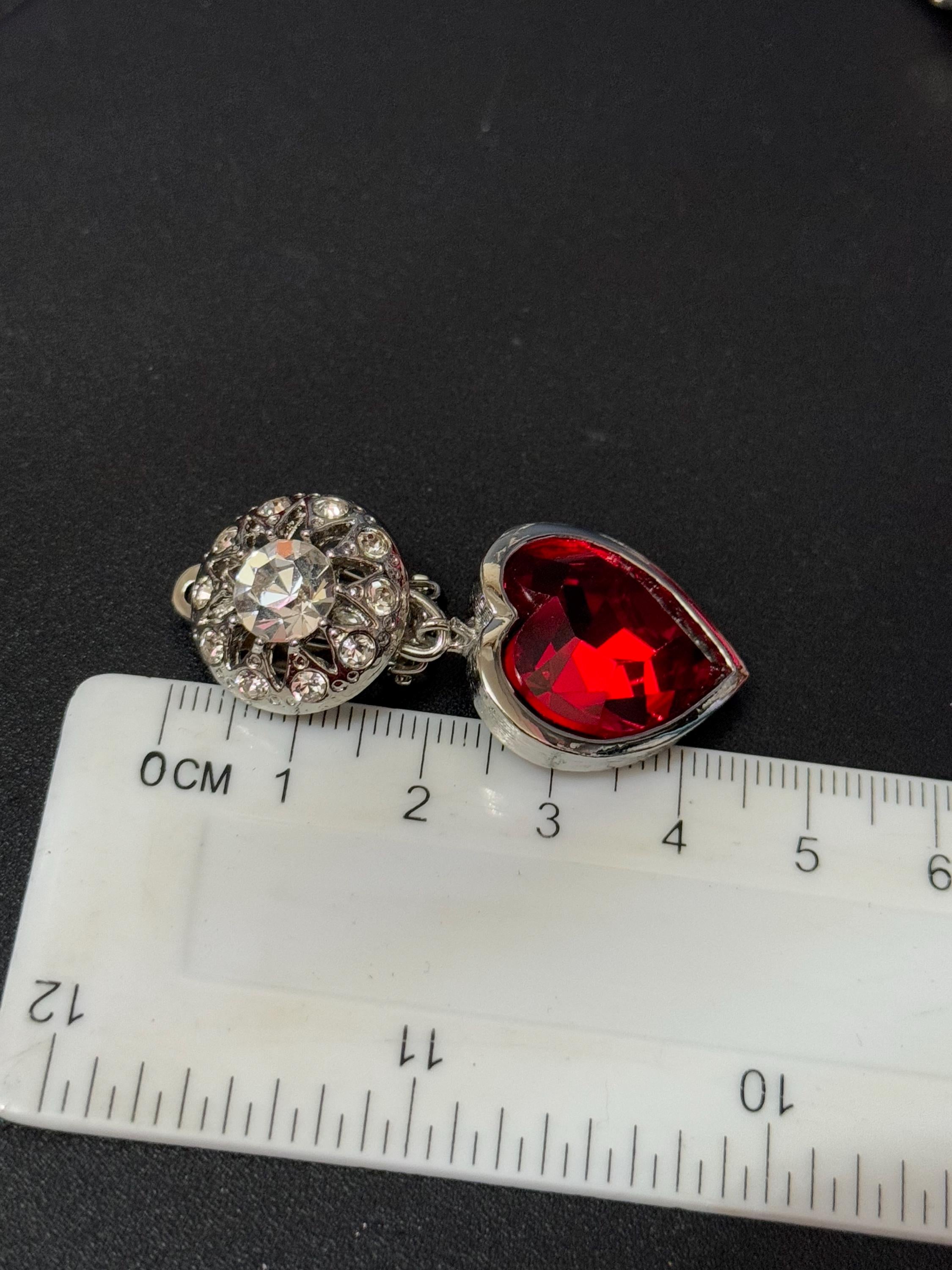 vintage silver tone ruby red and and clear Swarovski crystal love heart dangly drop earrings 1980s