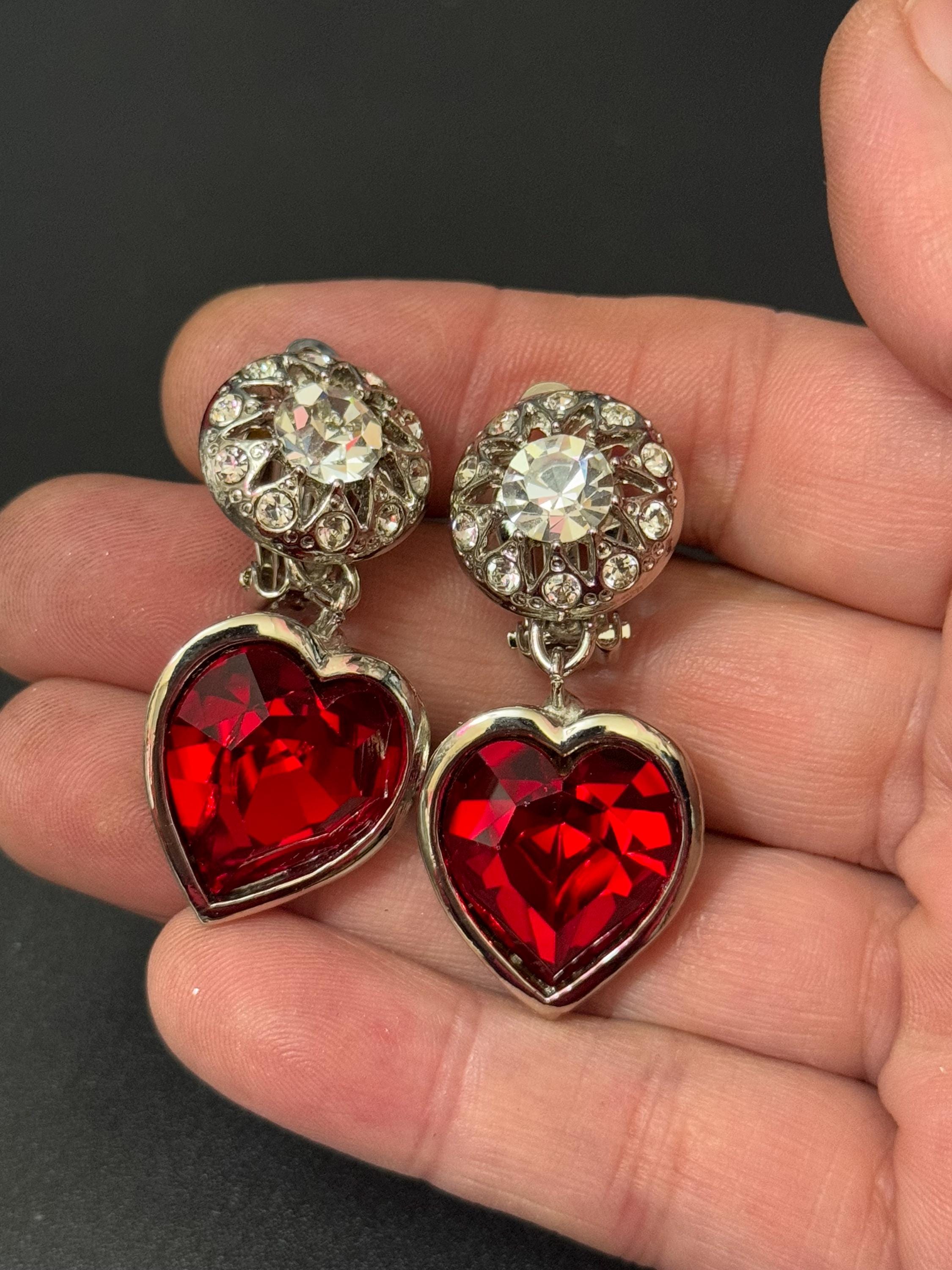 vintage silver tone ruby red and and clear Swarovski crystal love heart dangly drop earrings 1980s