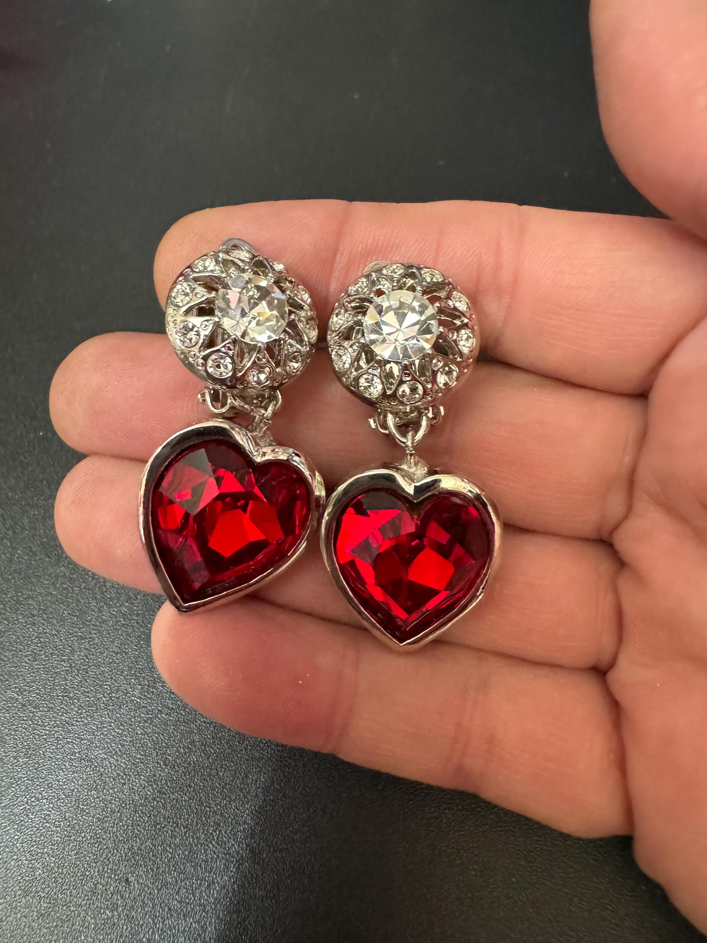 vintage silver tone ruby red and and clear Swarovski crystal love heart dangly drop earrings 1980s