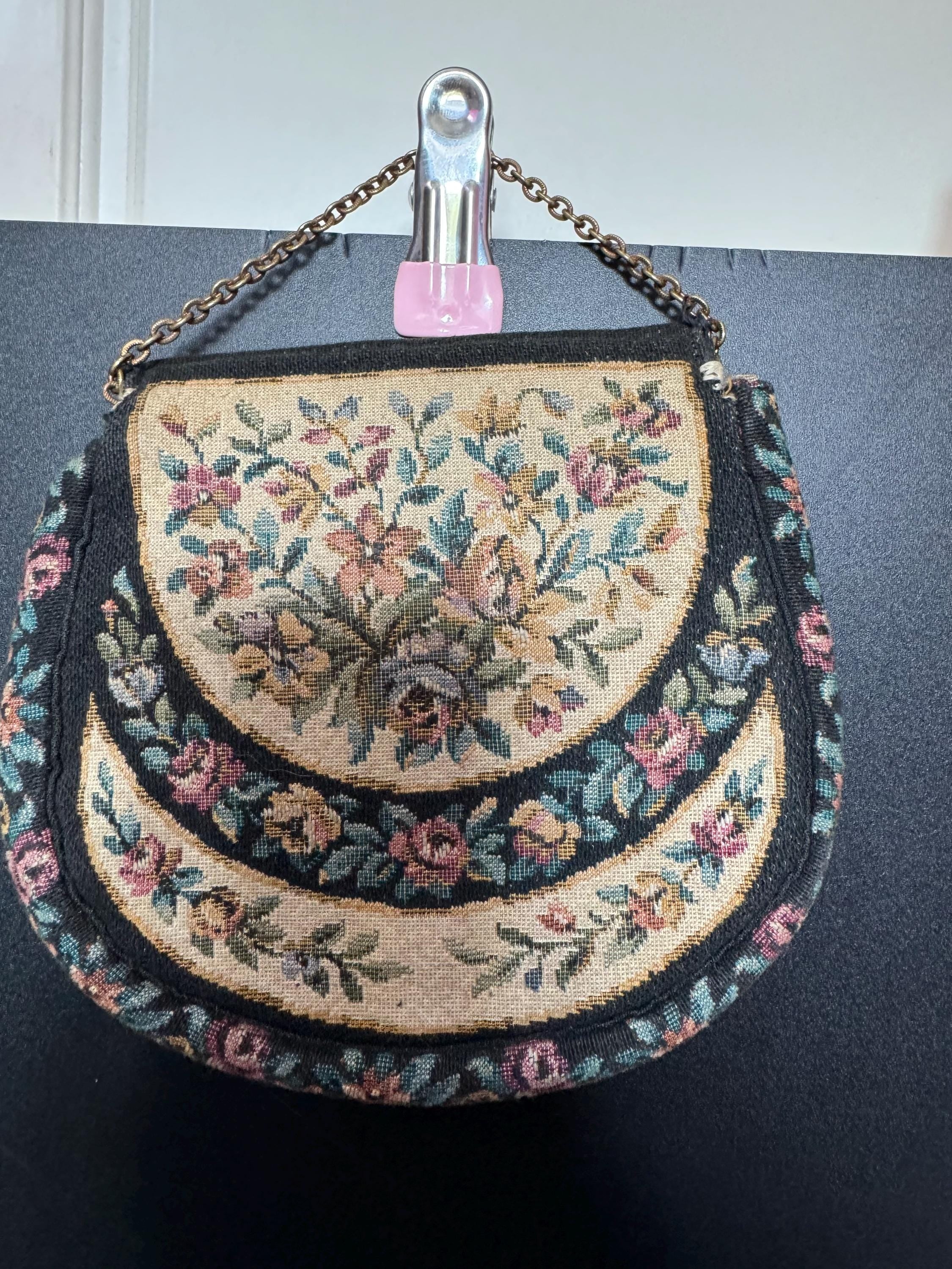 Antique black, beige and green Petit Point Tapestry Embroidered Floral evening Purse with brass clasp 1920s 1930s