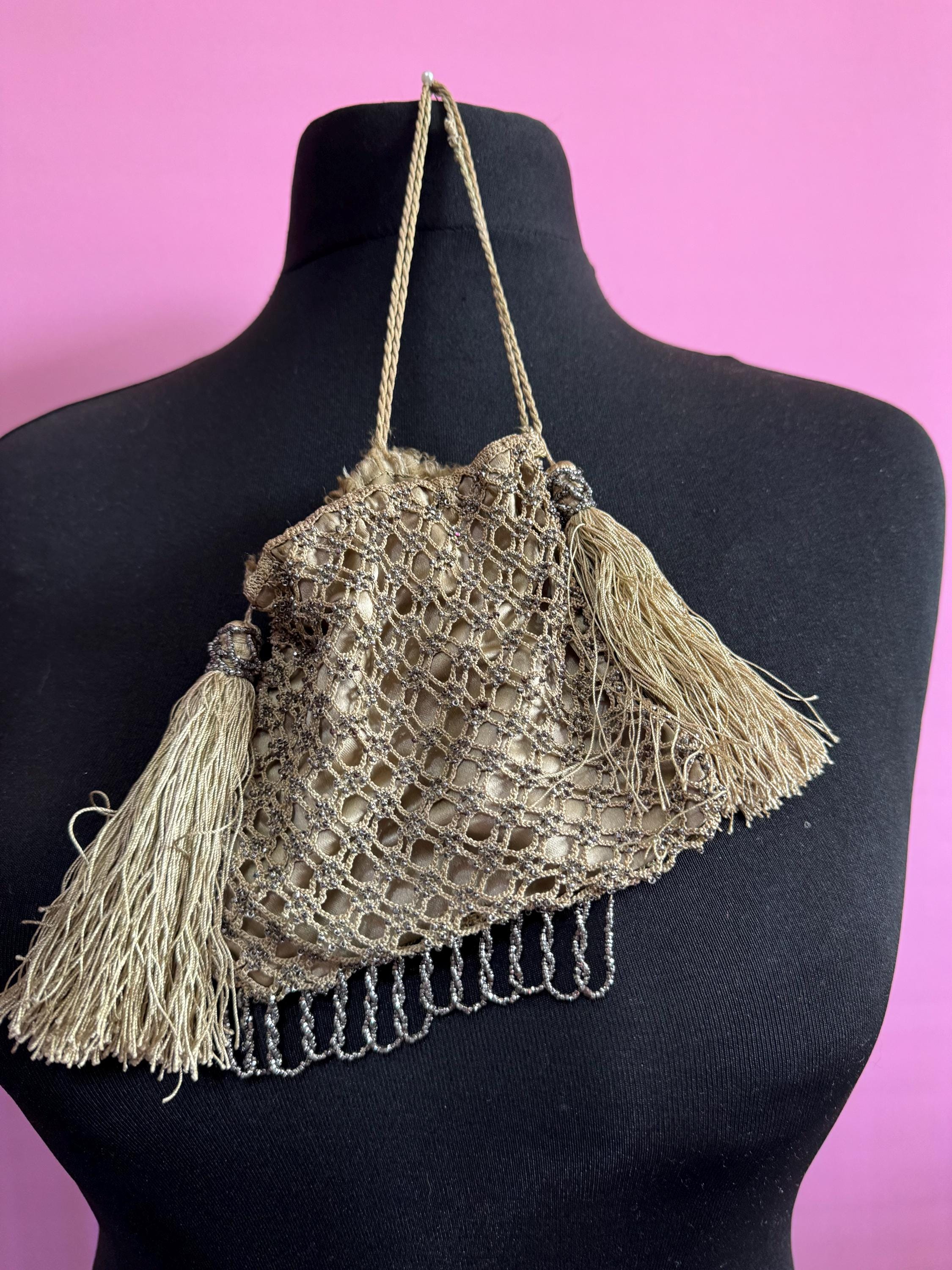 Victorian cut steel micro beaded drawstring tassel evening bag coin purse pouch antique gold colour fringed