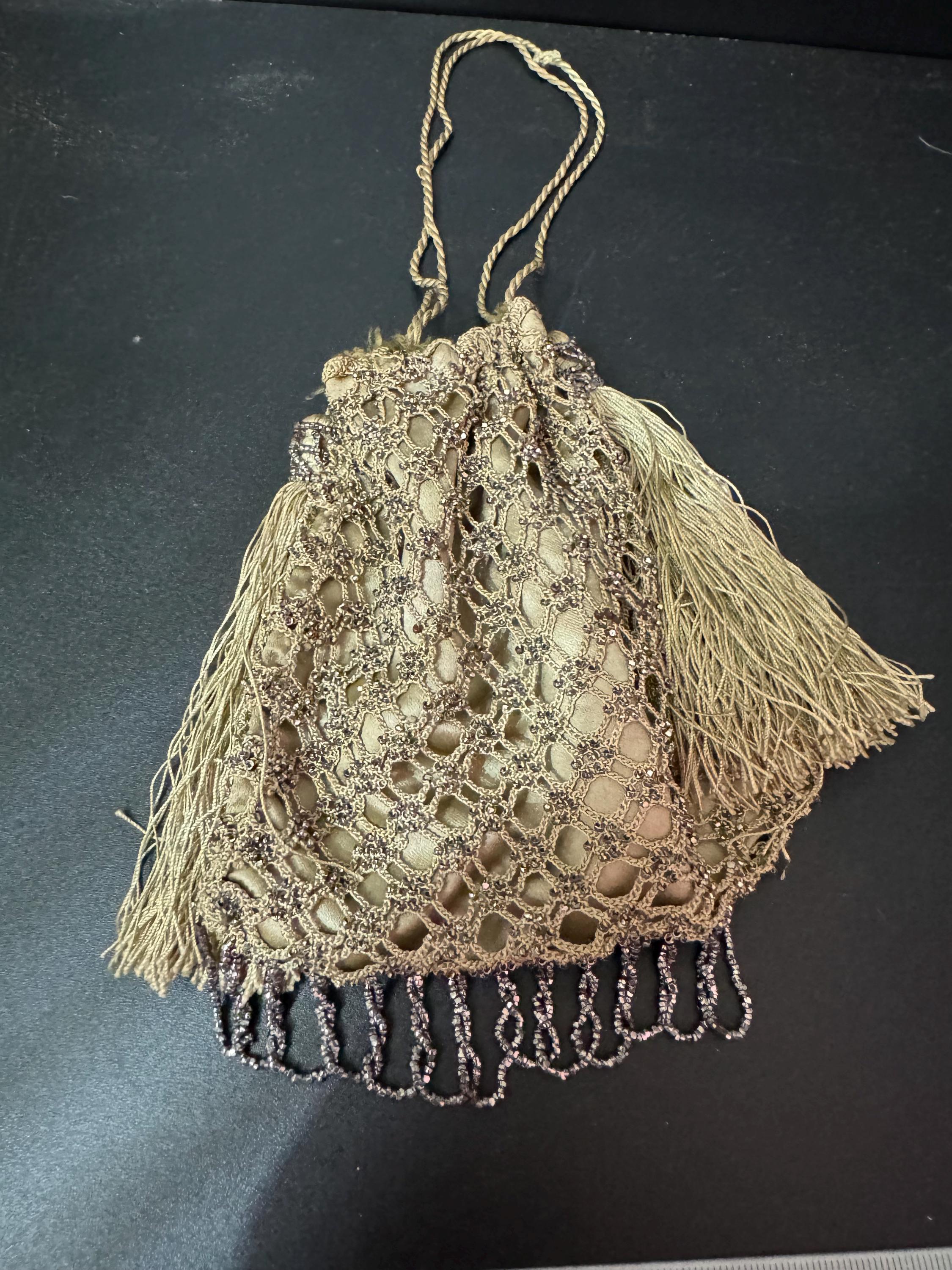 Victorian cut steel micro beaded drawstring tassel evening bag coin purse pouch antique gold colour fringed