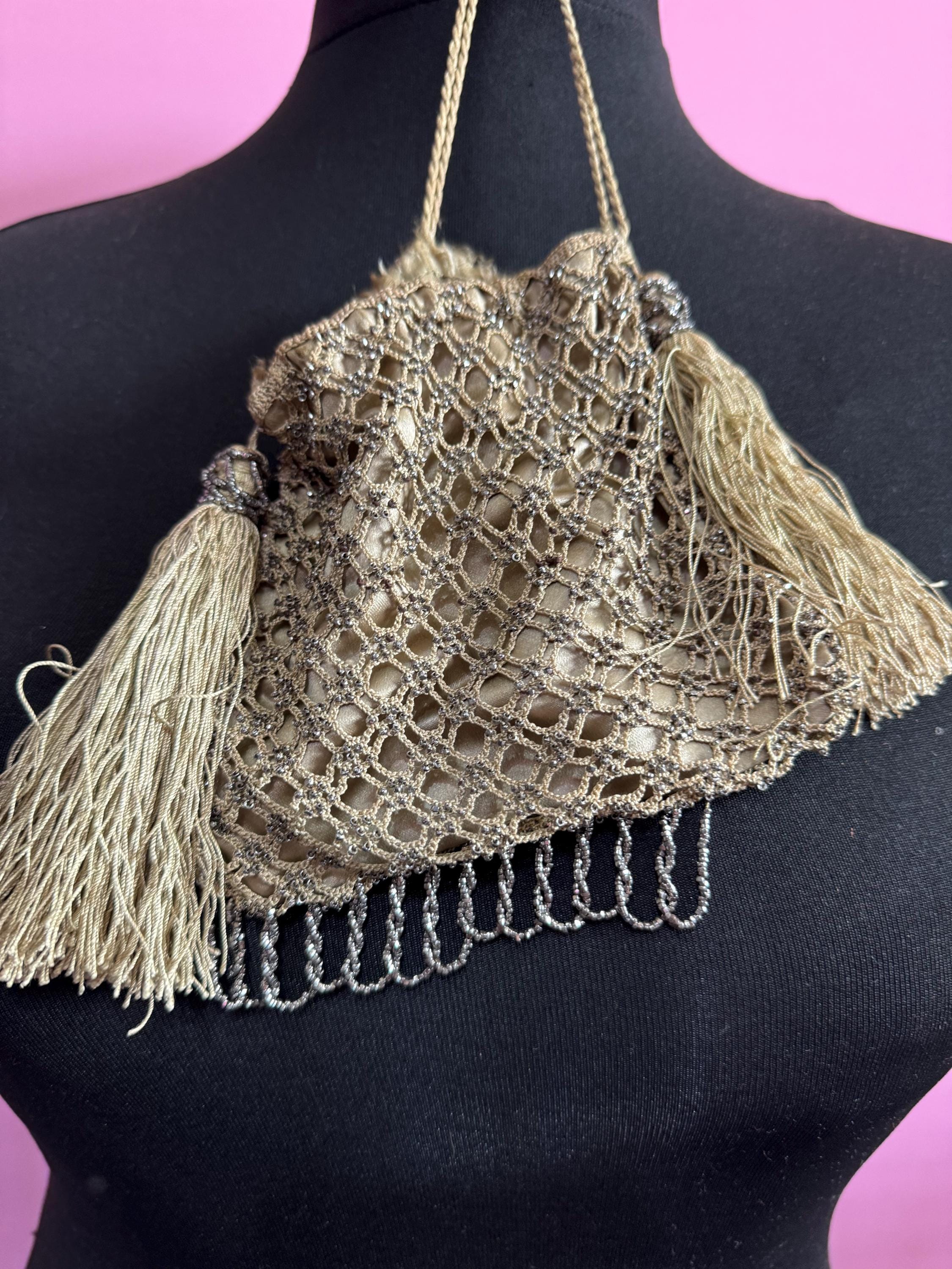 Victorian cut steel micro beaded drawstring tassel evening bag coin purse pouch antique gold colour fringed