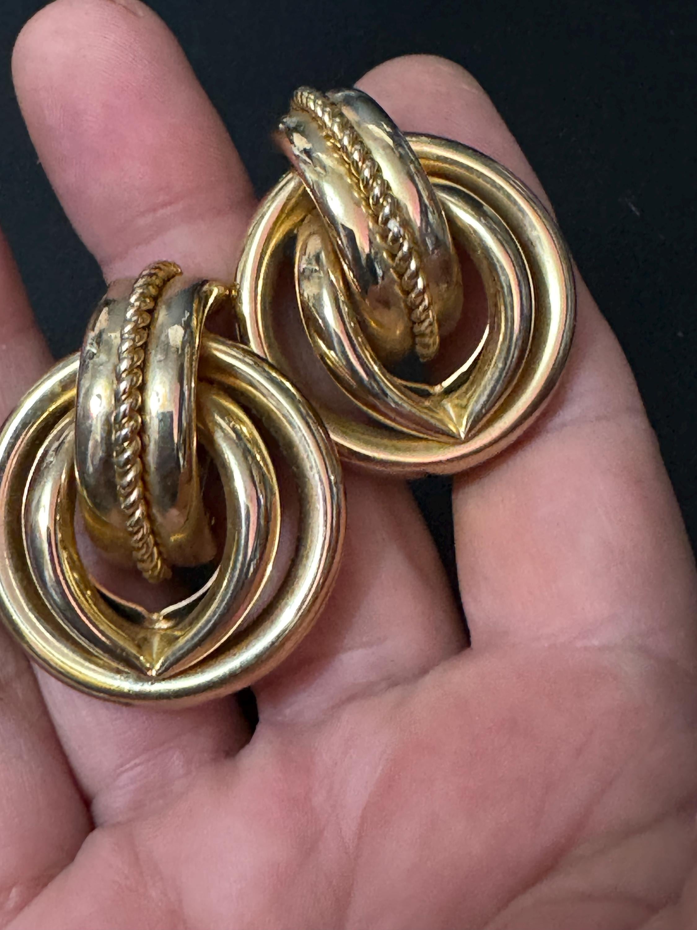 Vintage XL gold tone tube metal oversized clip on stud earrings