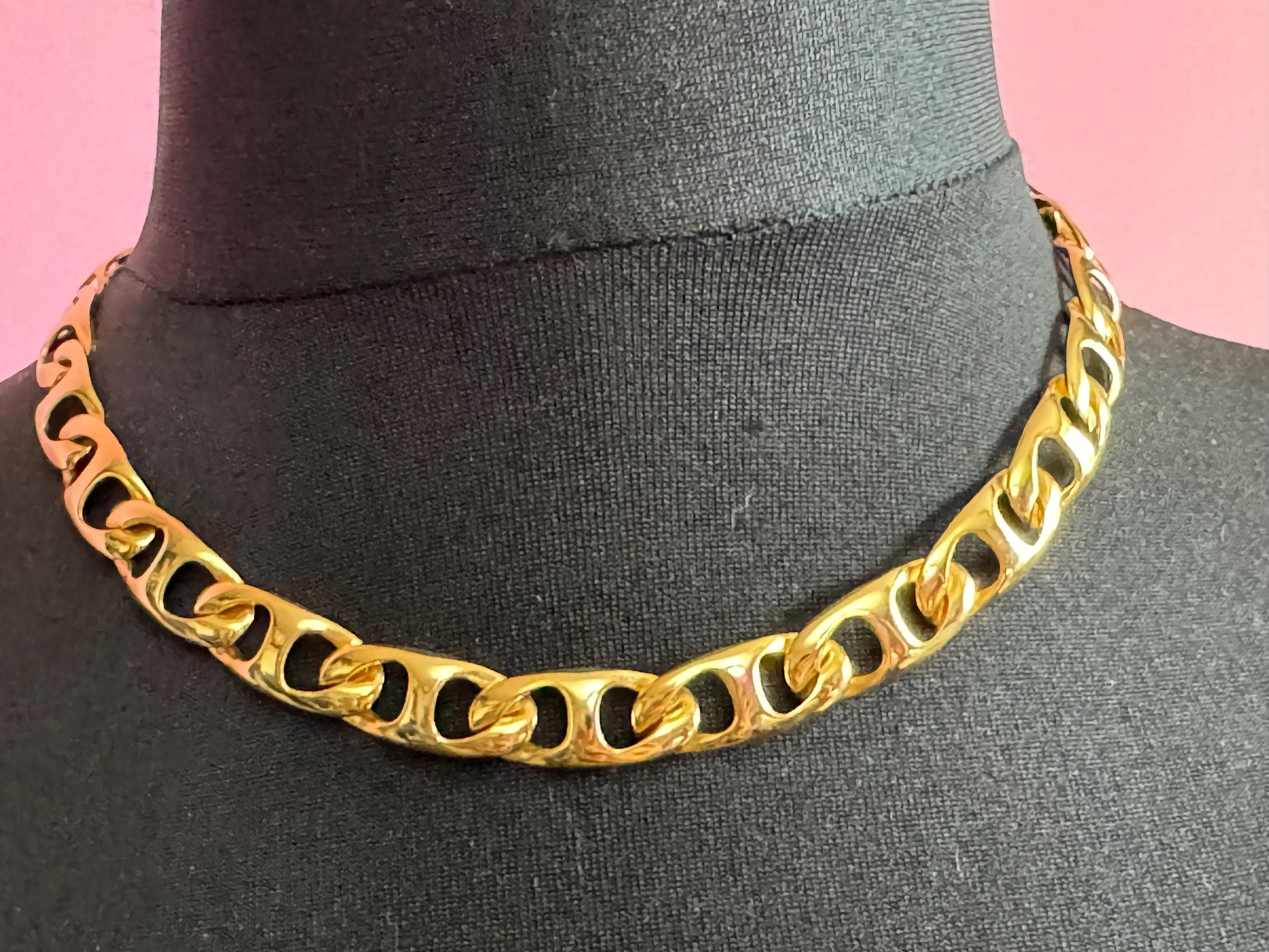 Retro 1980s 1990s ornate gold mariner chain link flat gold tone choker collar necklace