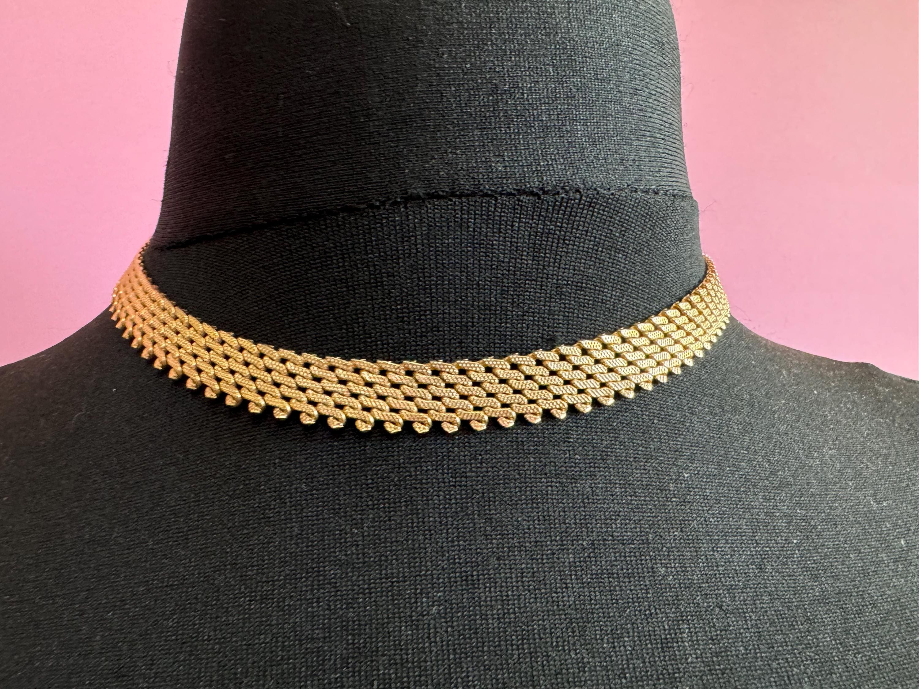 Vintage Egyptian Revival Cleopatra Necklace Wide Link Choker Collar gold tone necklace 1960s 1970s