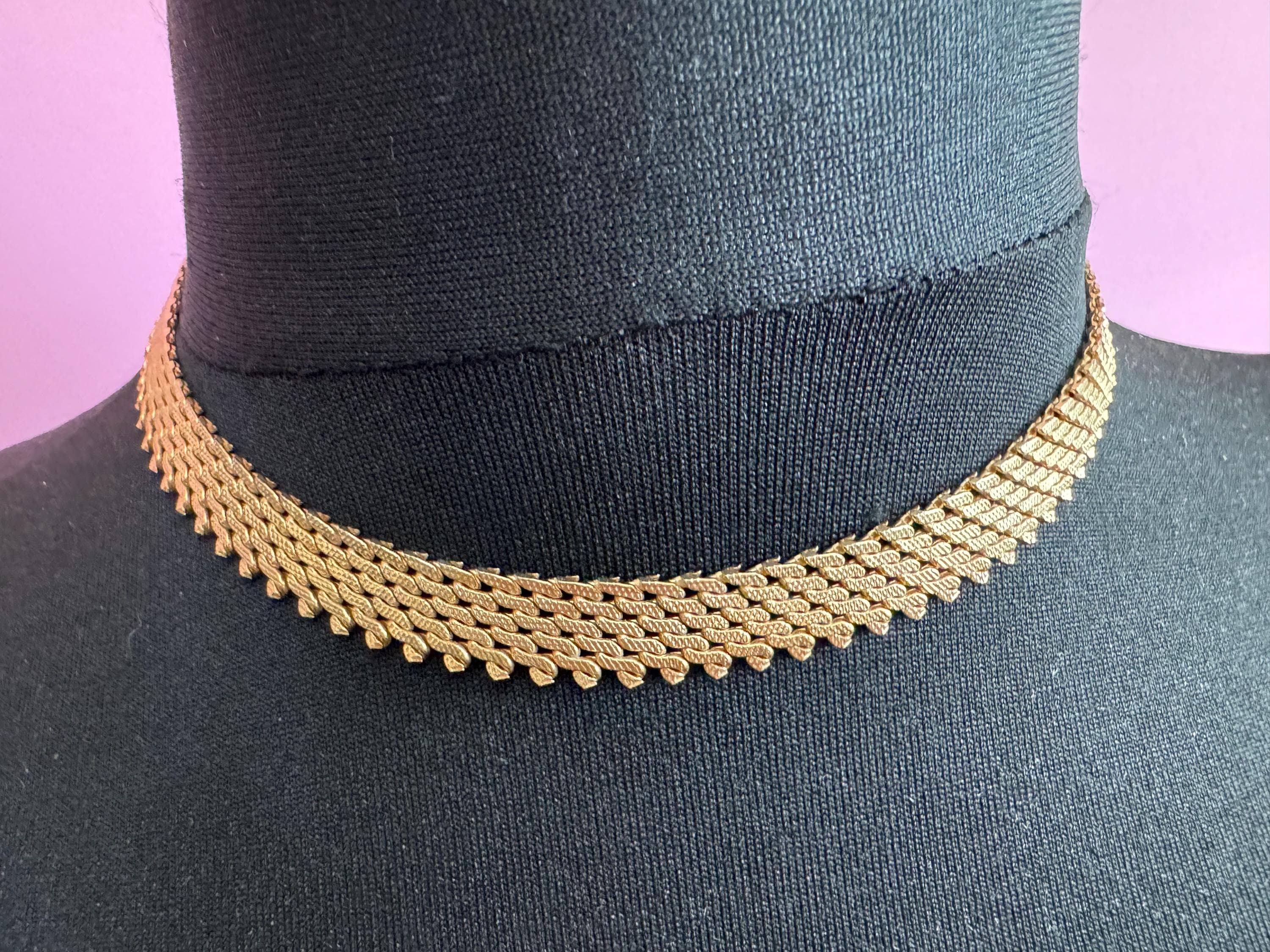 Vintage Egyptian Revival Cleopatra Necklace Wide Link Choker Collar gold tone necklace 1960s 1970s