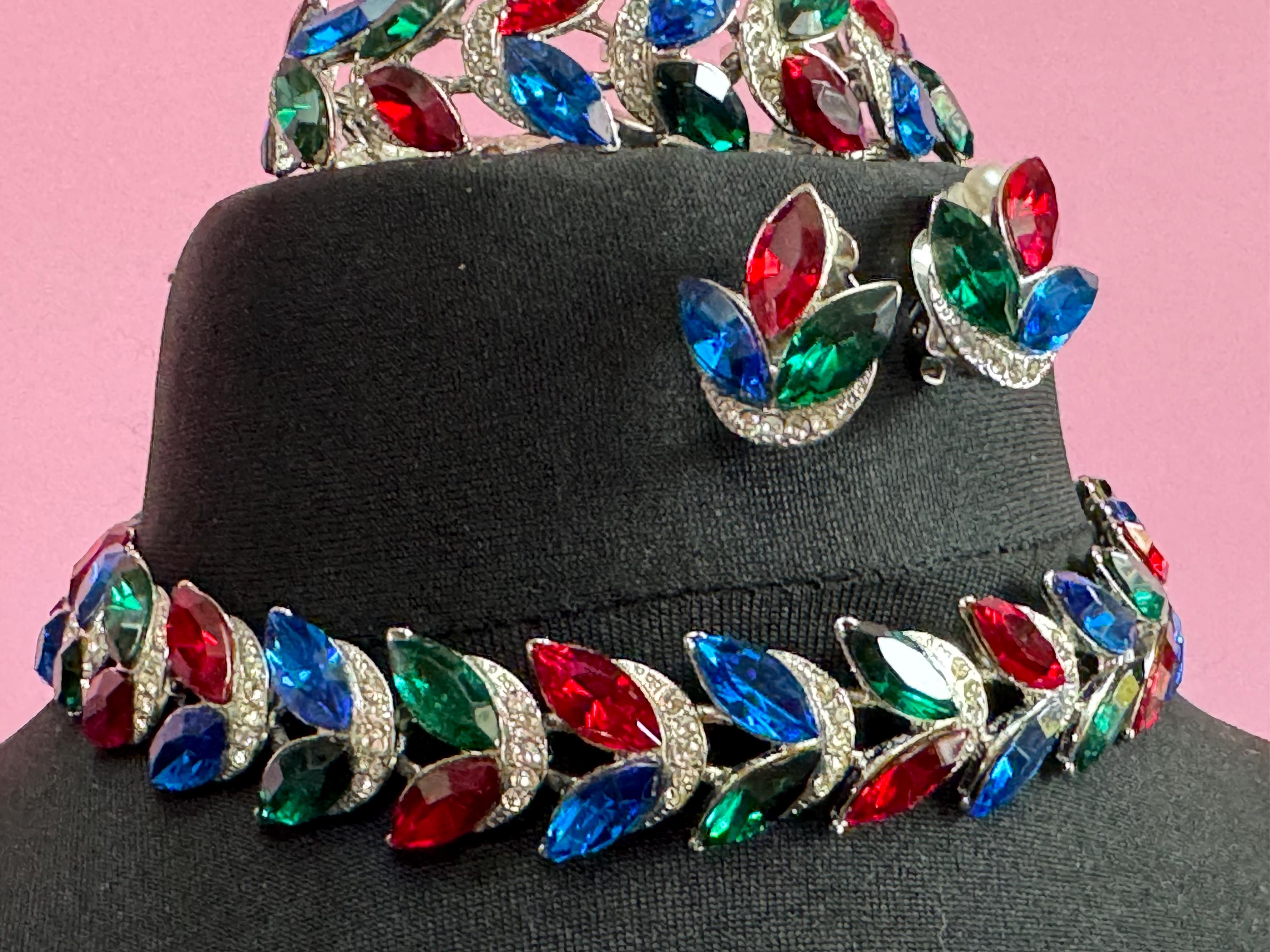 vintage silver tone ruby red, emerald green , sapphire blue Swarovski crystal rhinestone cocktail necklace bracelet and clip on earrings set