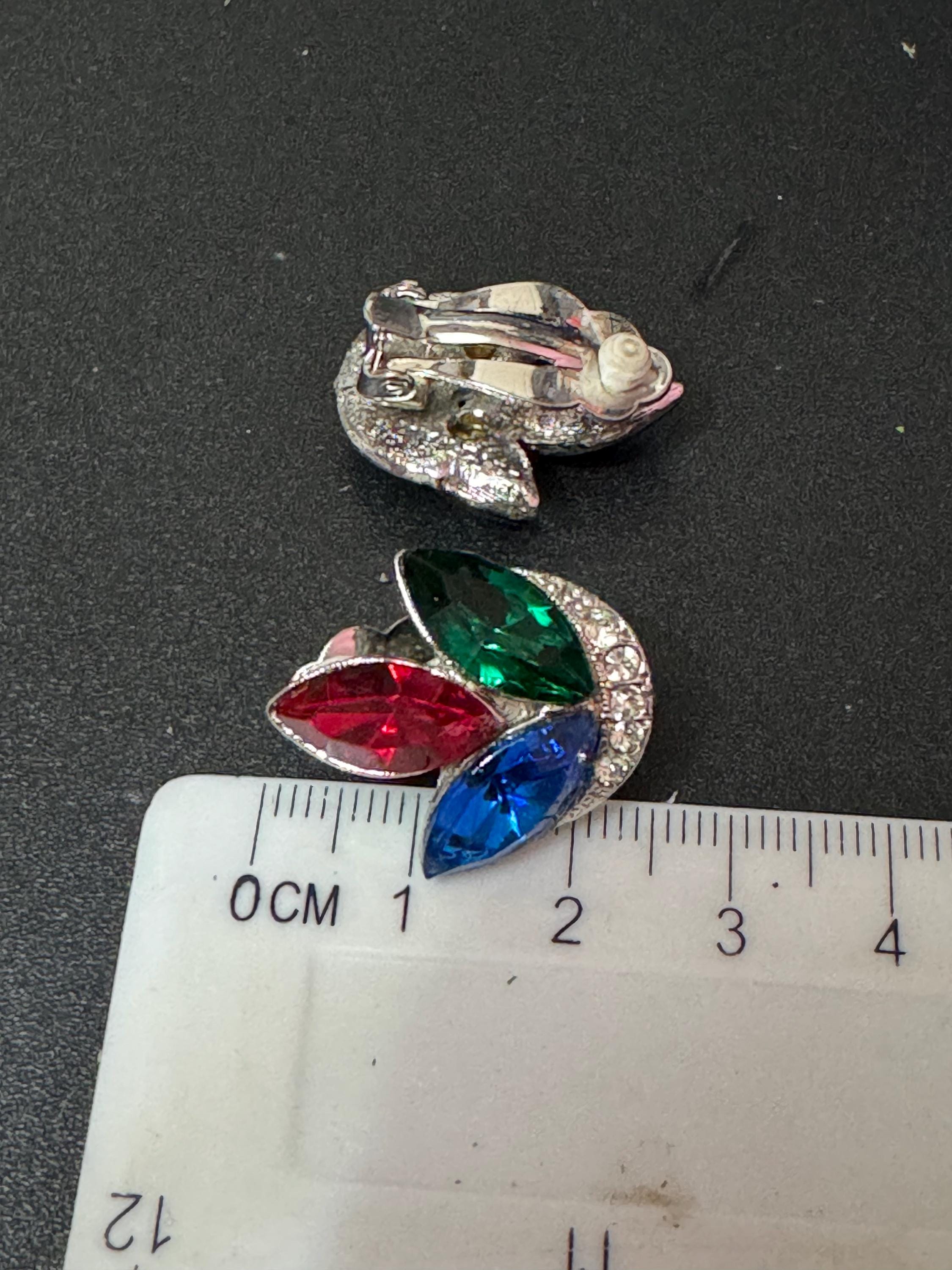 vintage silver tone ruby red, emerald green , sapphire blue Swarovski crystal rhinestone cocktail necklace bracelet and clip on earrings set