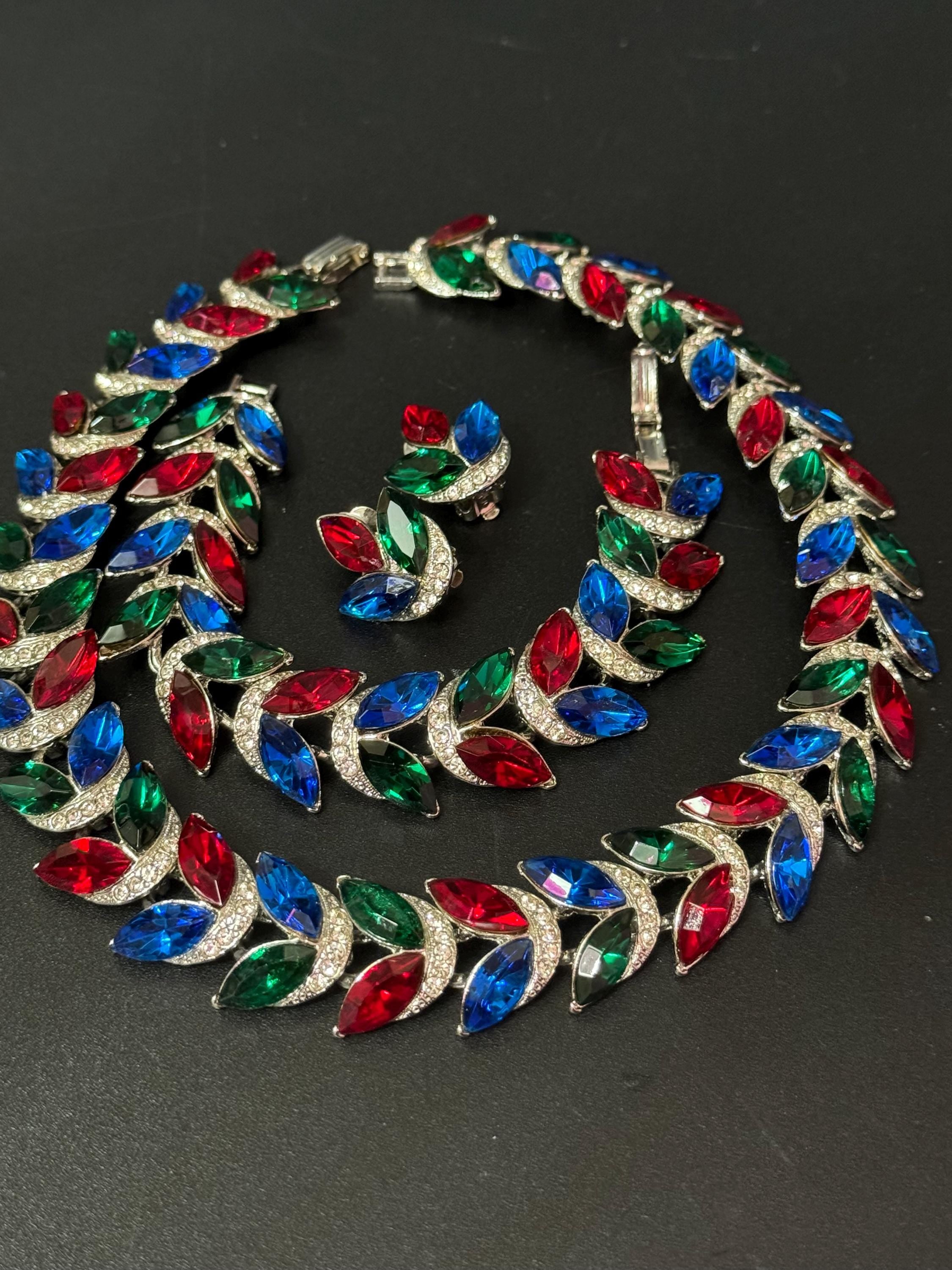 vintage silver tone ruby red, emerald green , sapphire blue Swarovski crystal rhinestone cocktail necklace bracelet and clip on earrings set