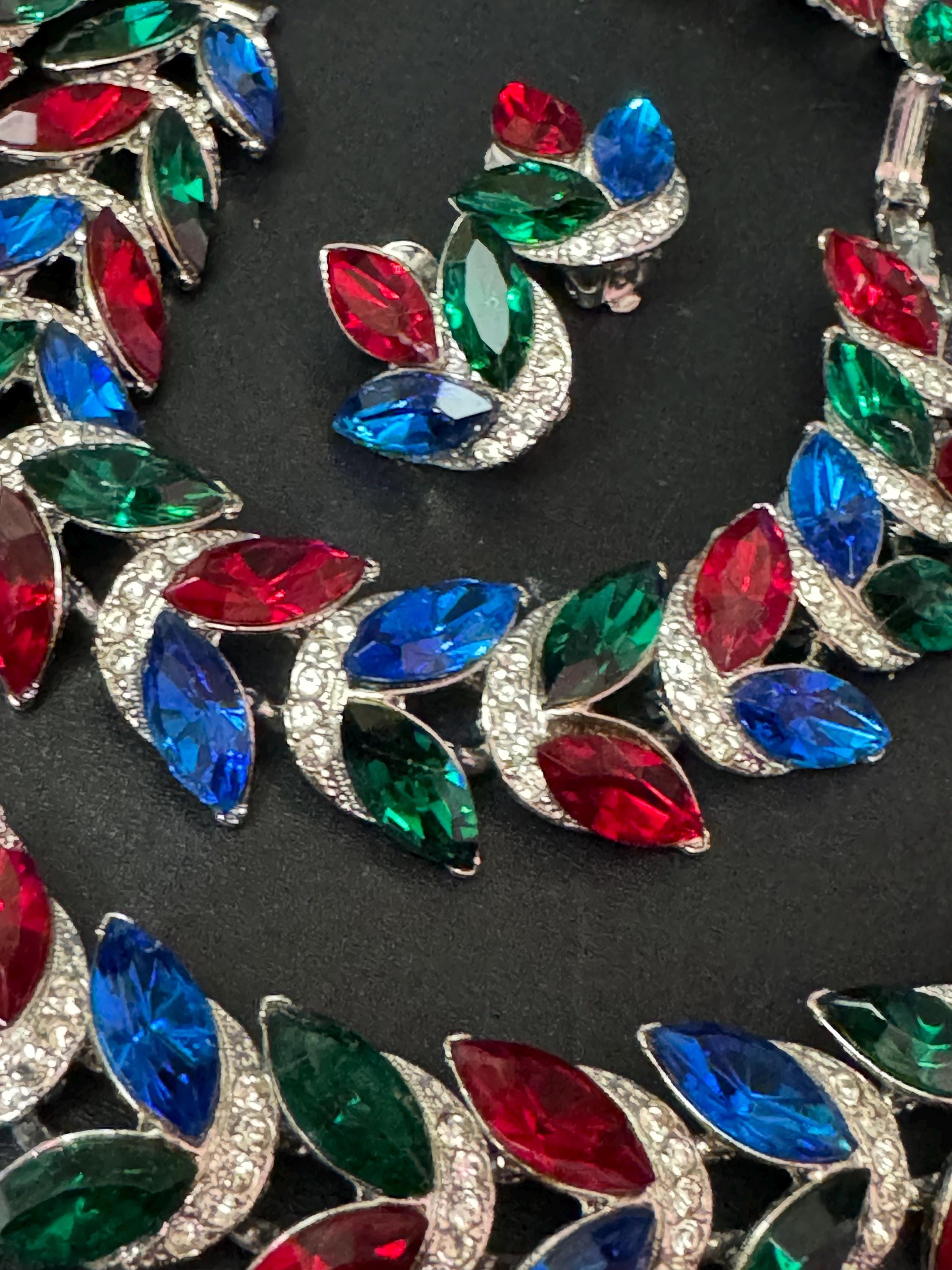 vintage silver tone ruby red, emerald green , sapphire blue Swarovski crystal rhinestone cocktail necklace bracelet and clip on earrings set