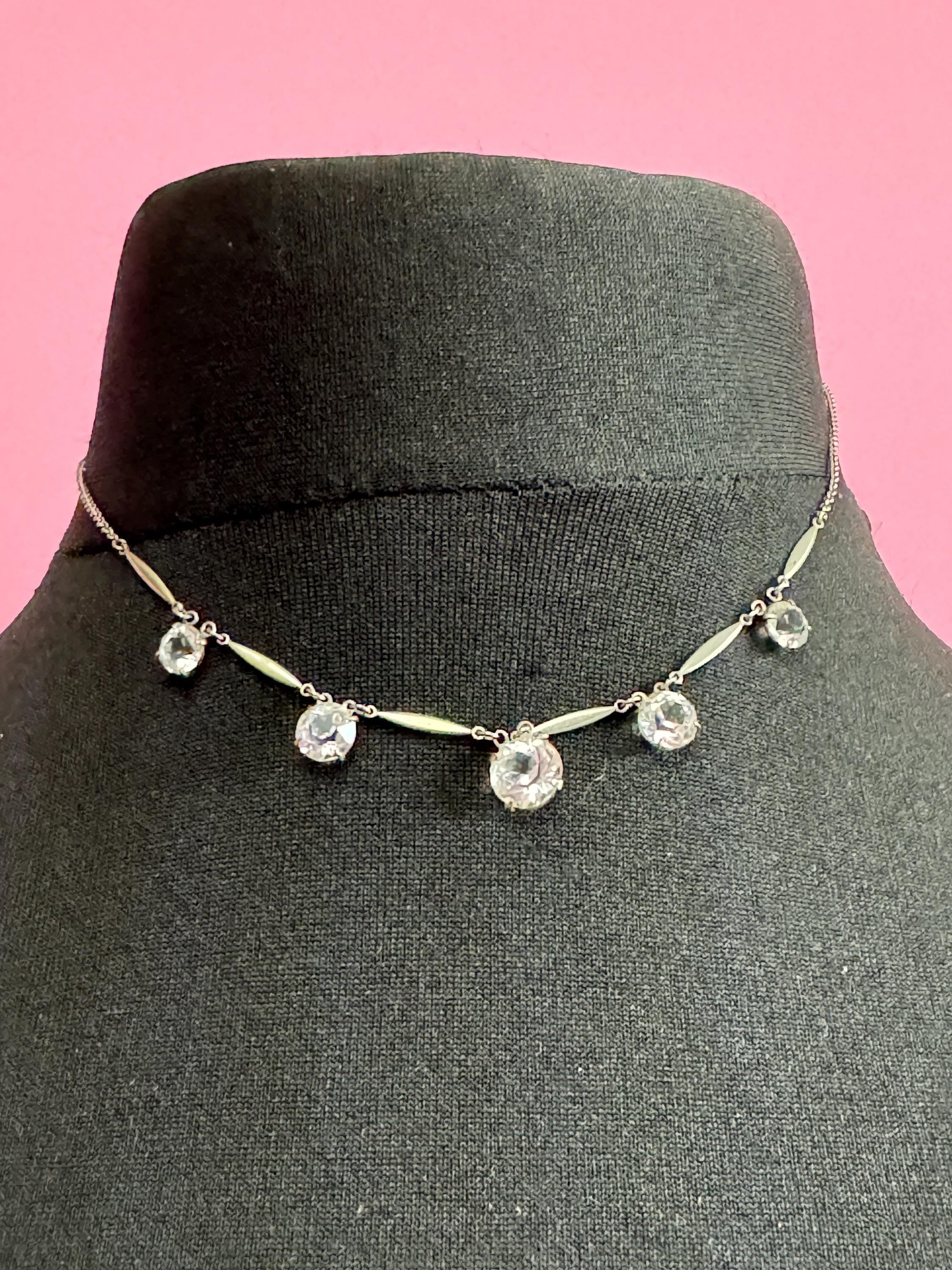 40cm petite fit Art Deco sterling silver open back crystal clear diamanté Paste Rhinestone glass necklace 1920s