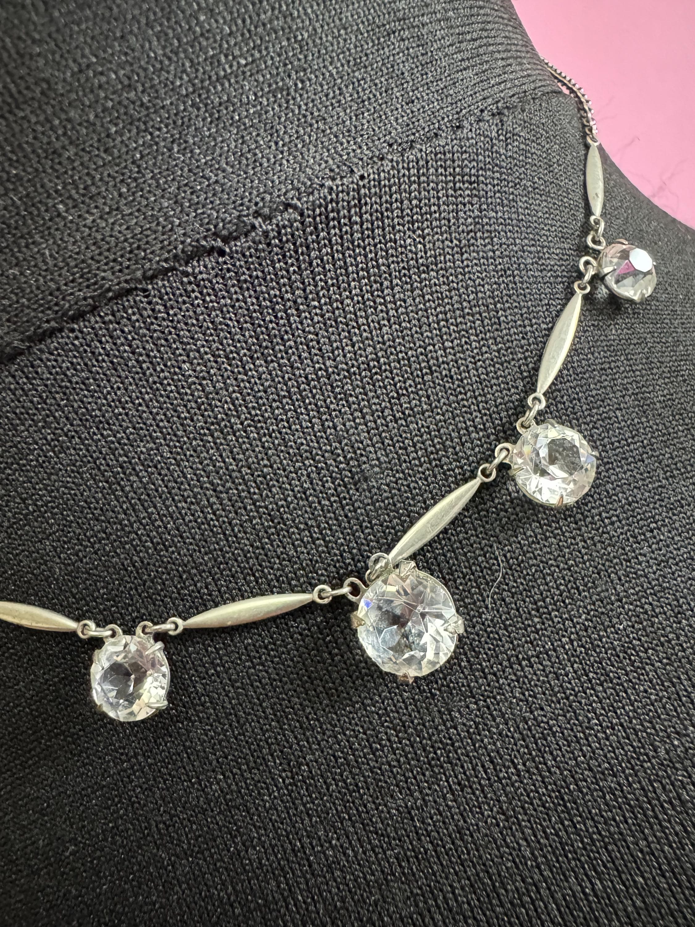 40cm petite fit Art Deco sterling silver open back crystal clear diamanté Paste Rhinestone glass necklace 1920s