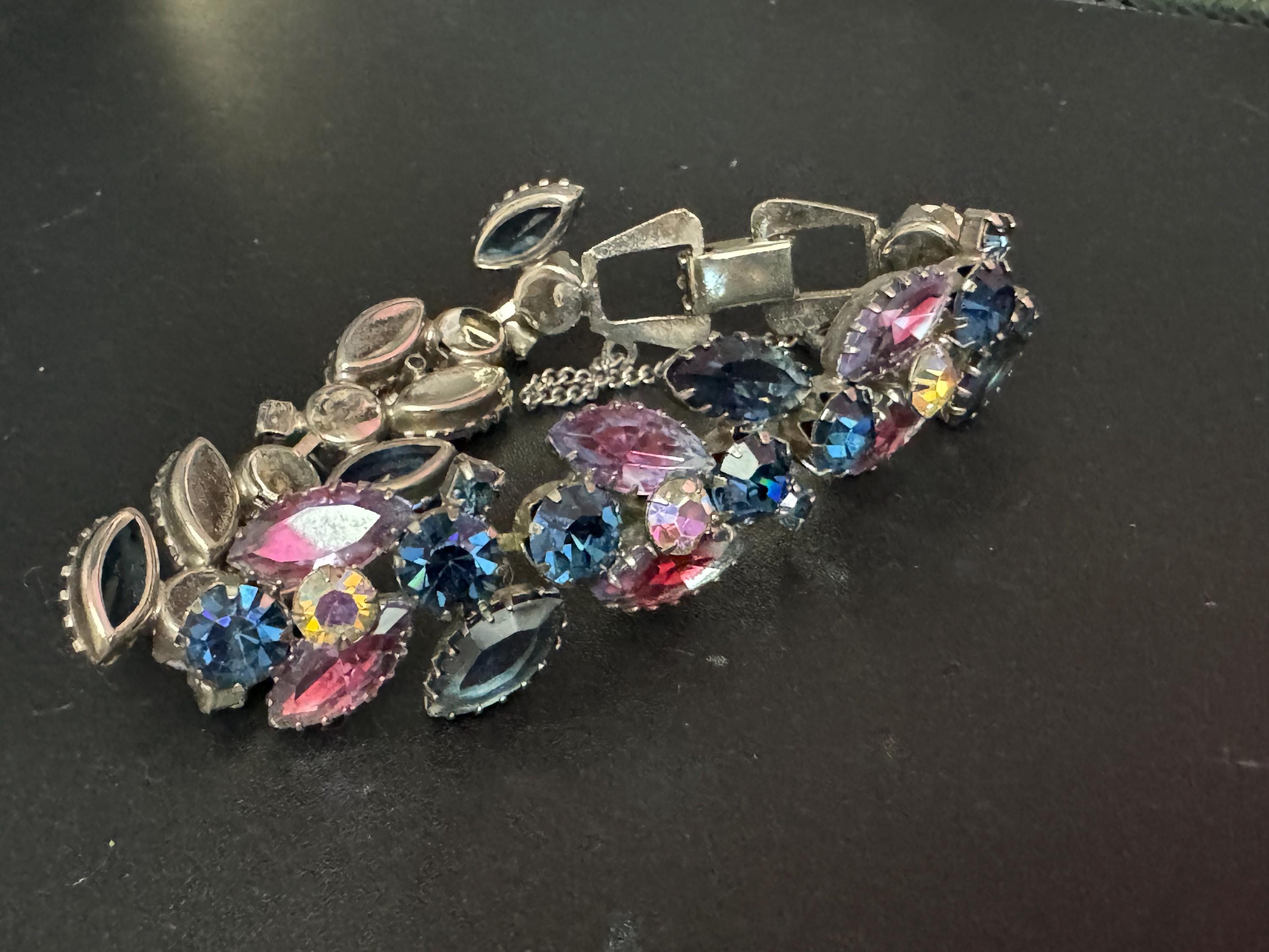 Vintage pink blue Diamanté silver tone navette rhinestone set cocktail Bracelet 18.5cm