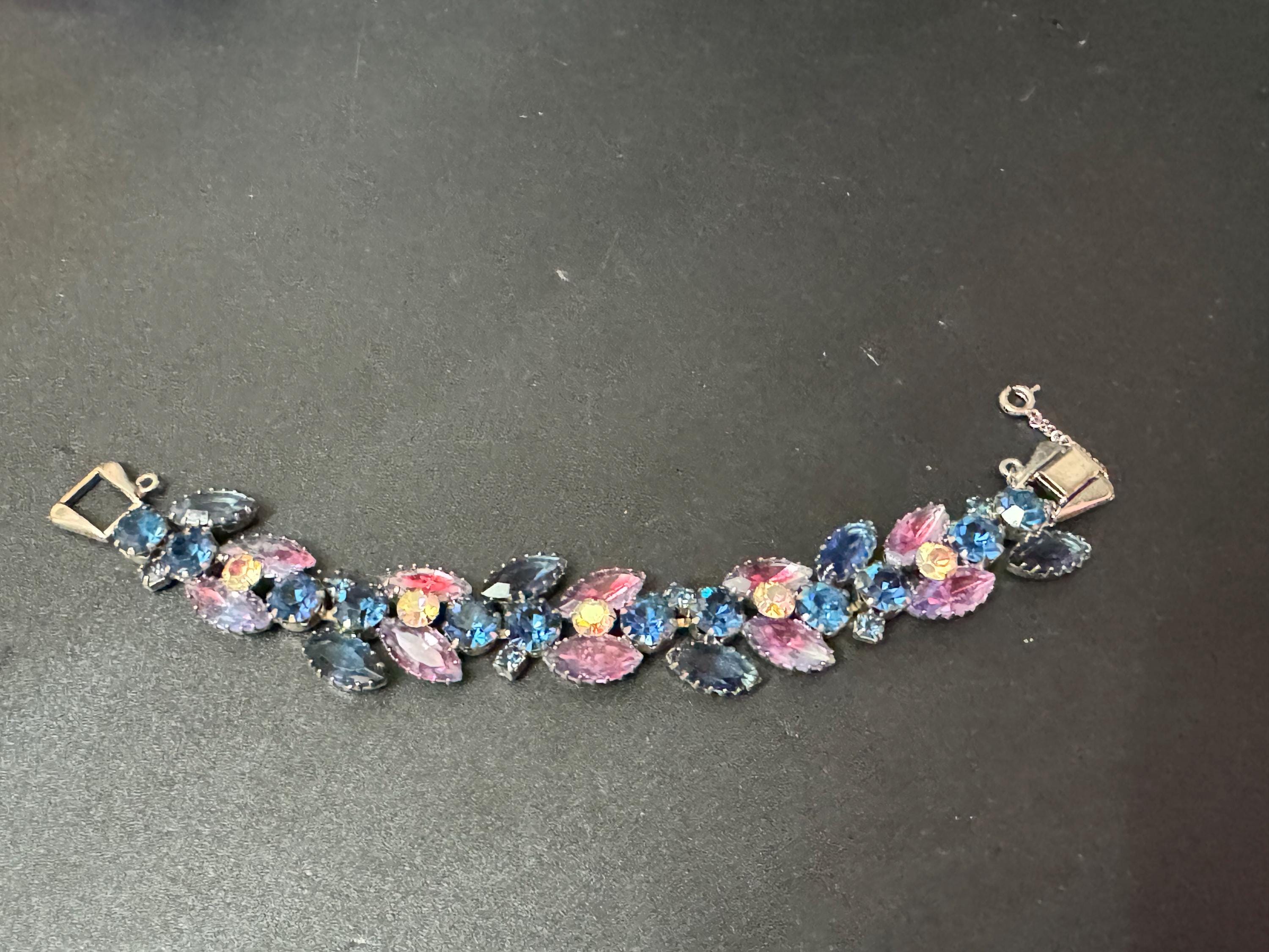 Vintage pink blue Diamanté silver tone navette rhinestone set cocktail Bracelet 18.5cm