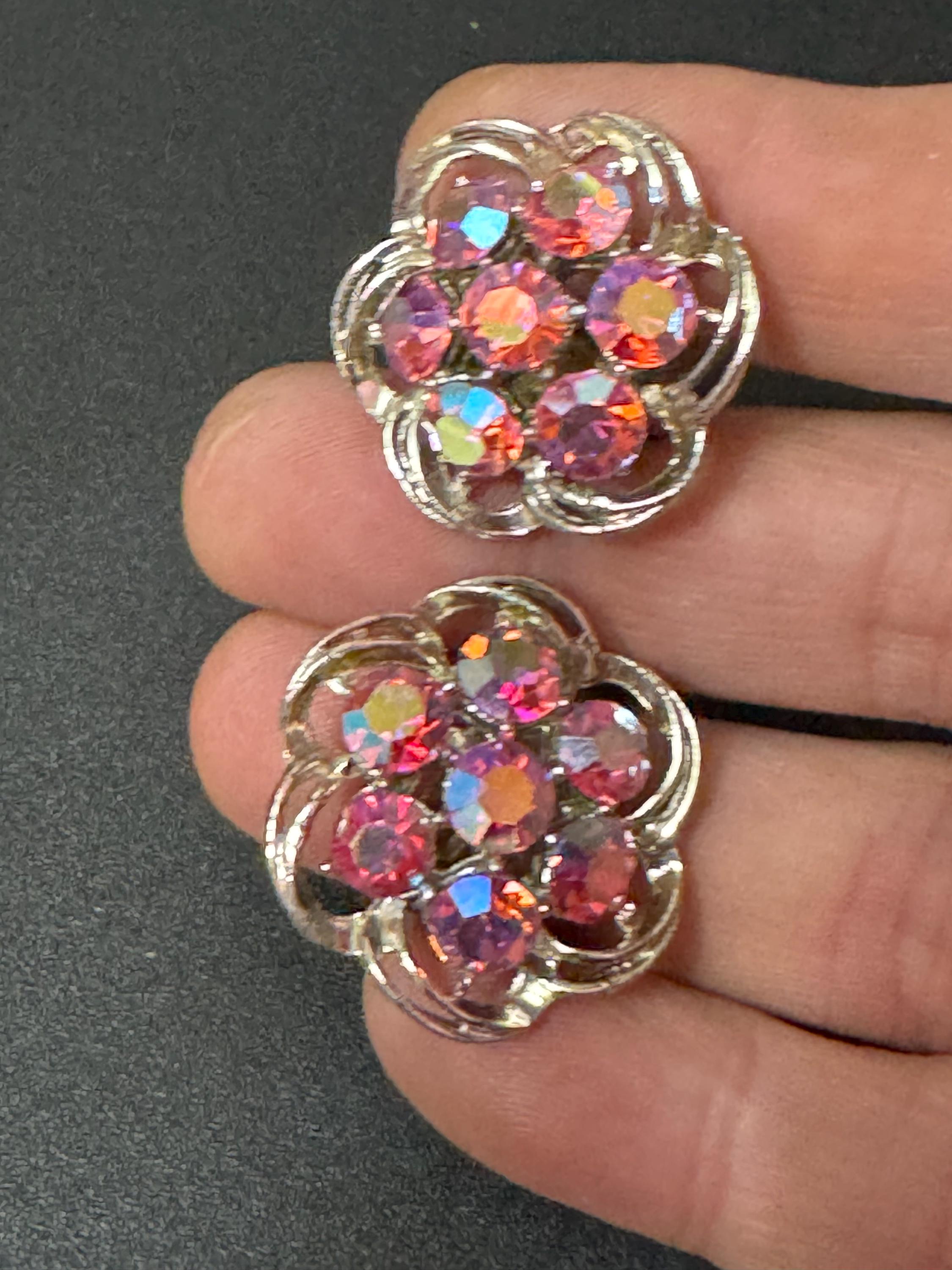 Vintage Pink AB Rhinestone with Diamante Clear Stones Clip On Stud Earrings Mid Century 1950s Art Deco Style