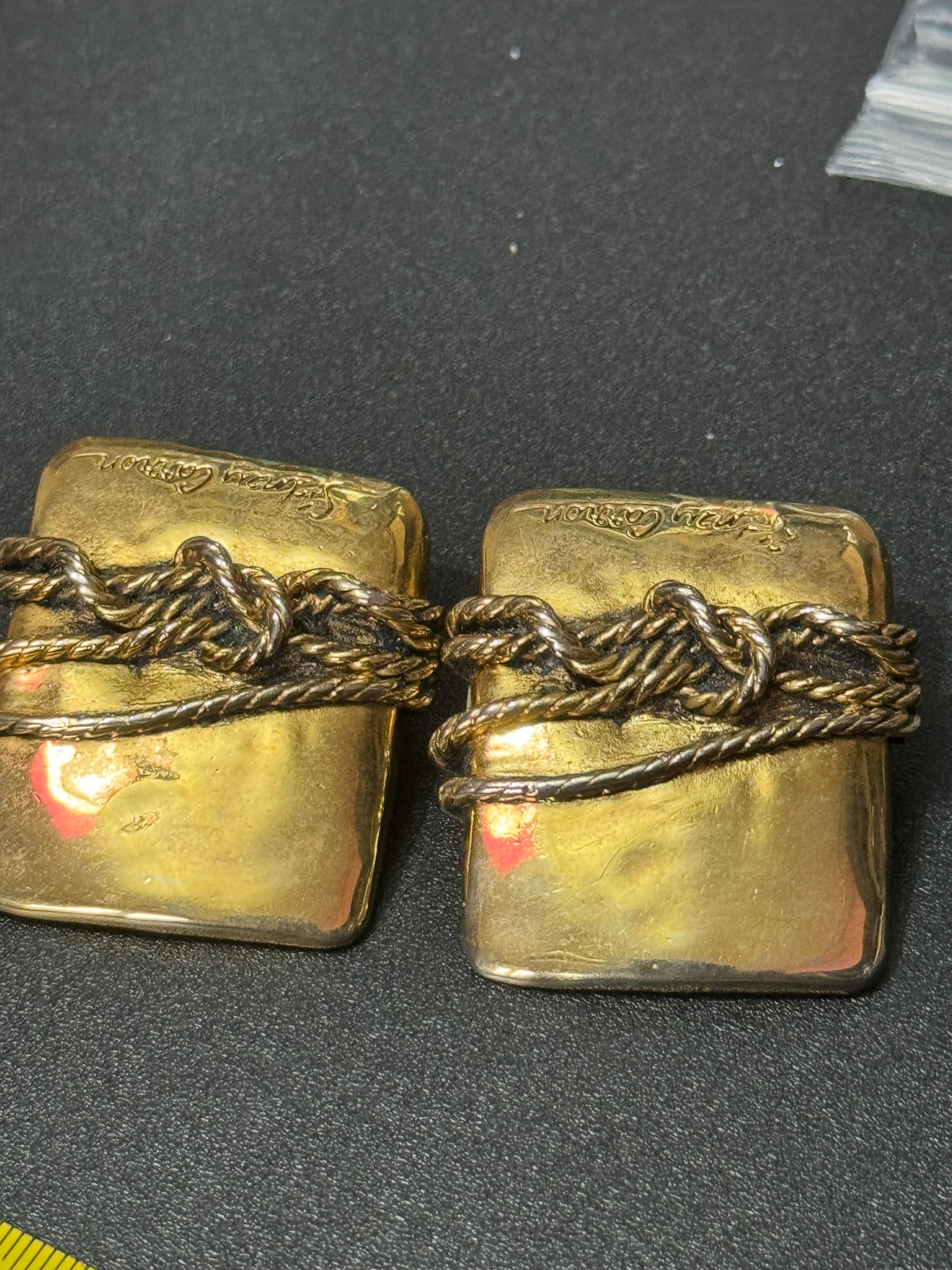 Signed SIDNEY CARRON Paris French designer vintage large rectangular gold tone modernist high end clip on earrings, nautical