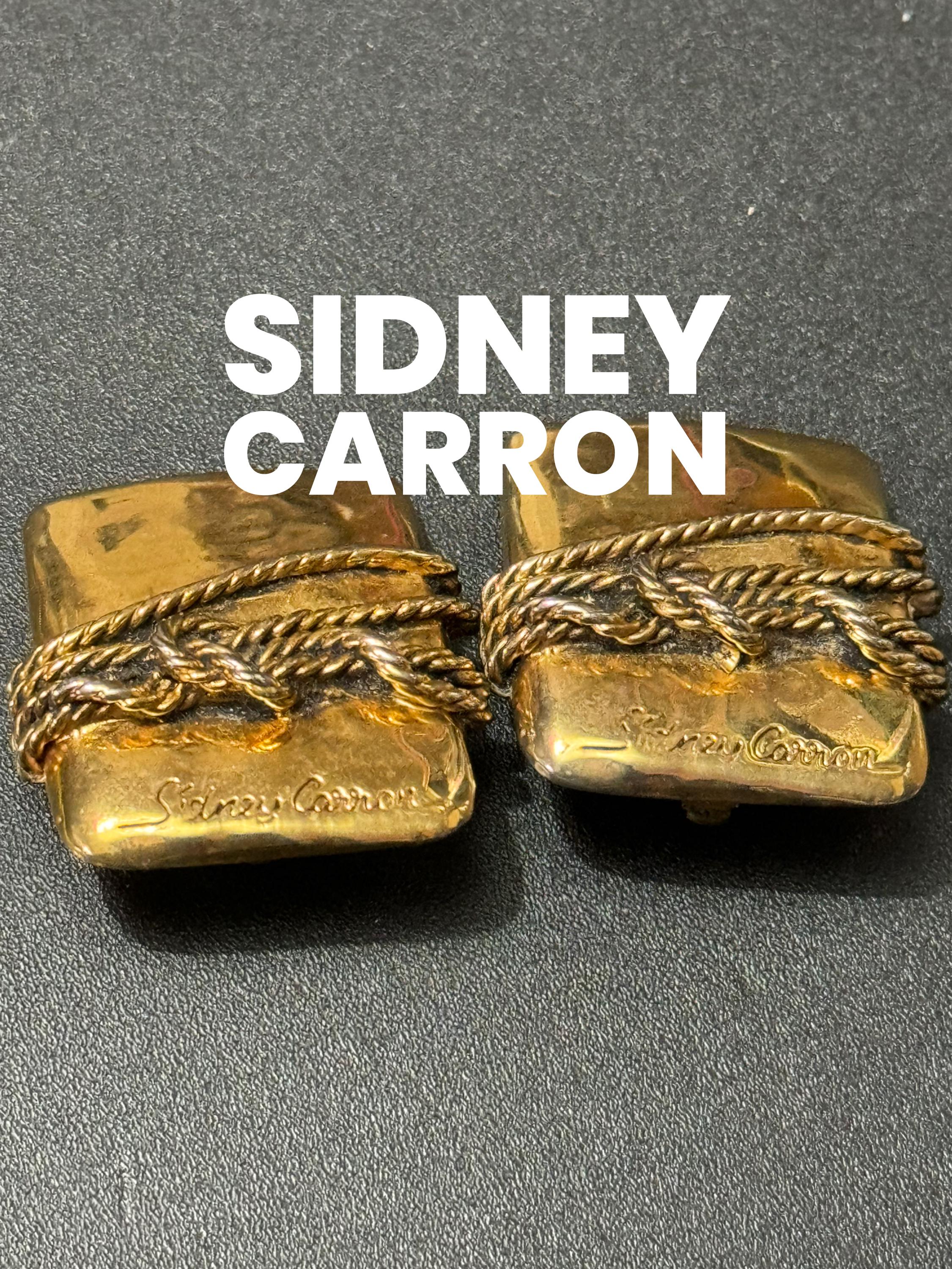 Signed SIDNEY CARRON Paris French designer vintage large rectangular gold tone modernist high end clip on earrings, nautical