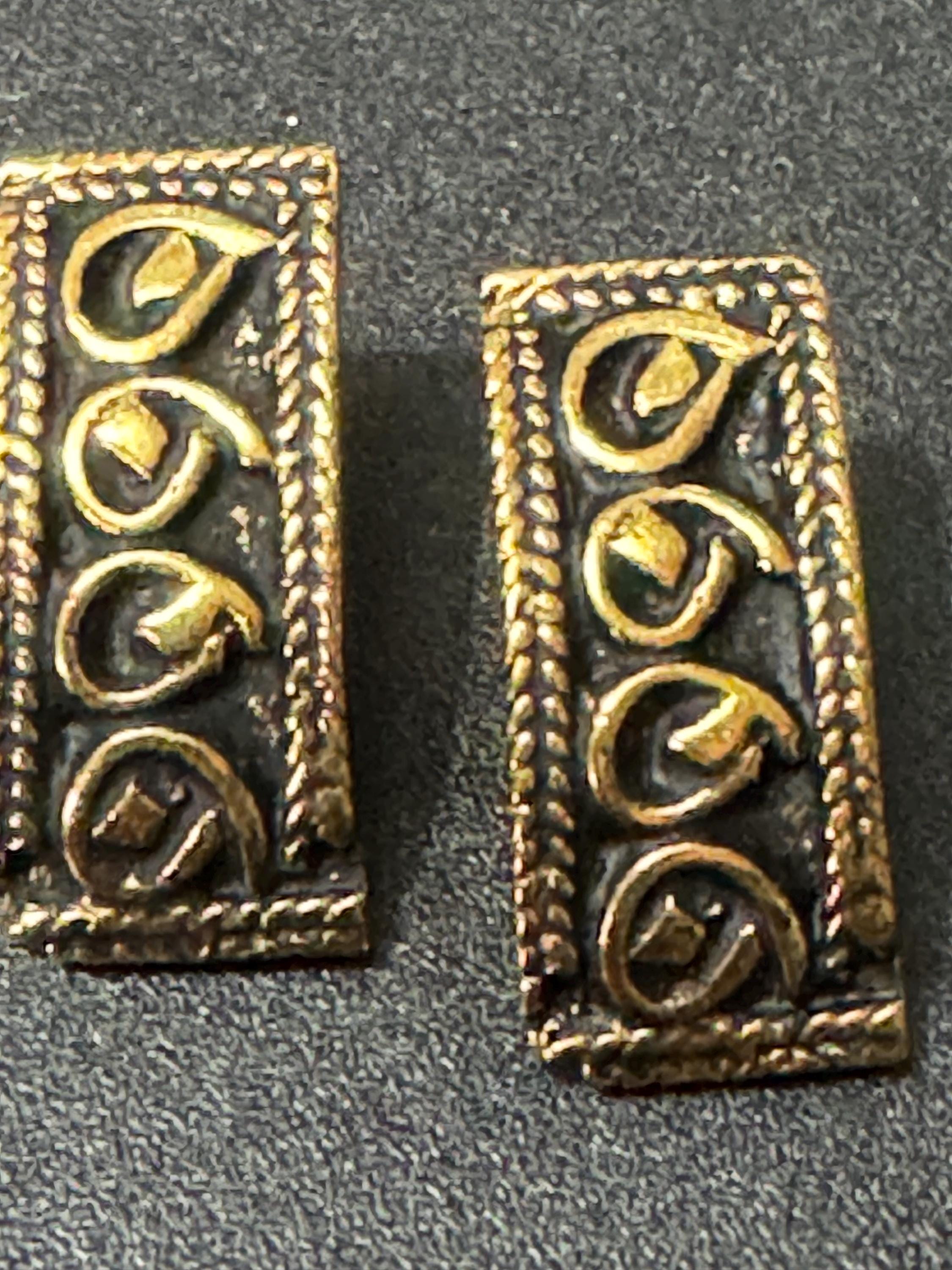 Signed Charles Duret French designer pair of vintage gold tone modernist textured pierced earrings from France