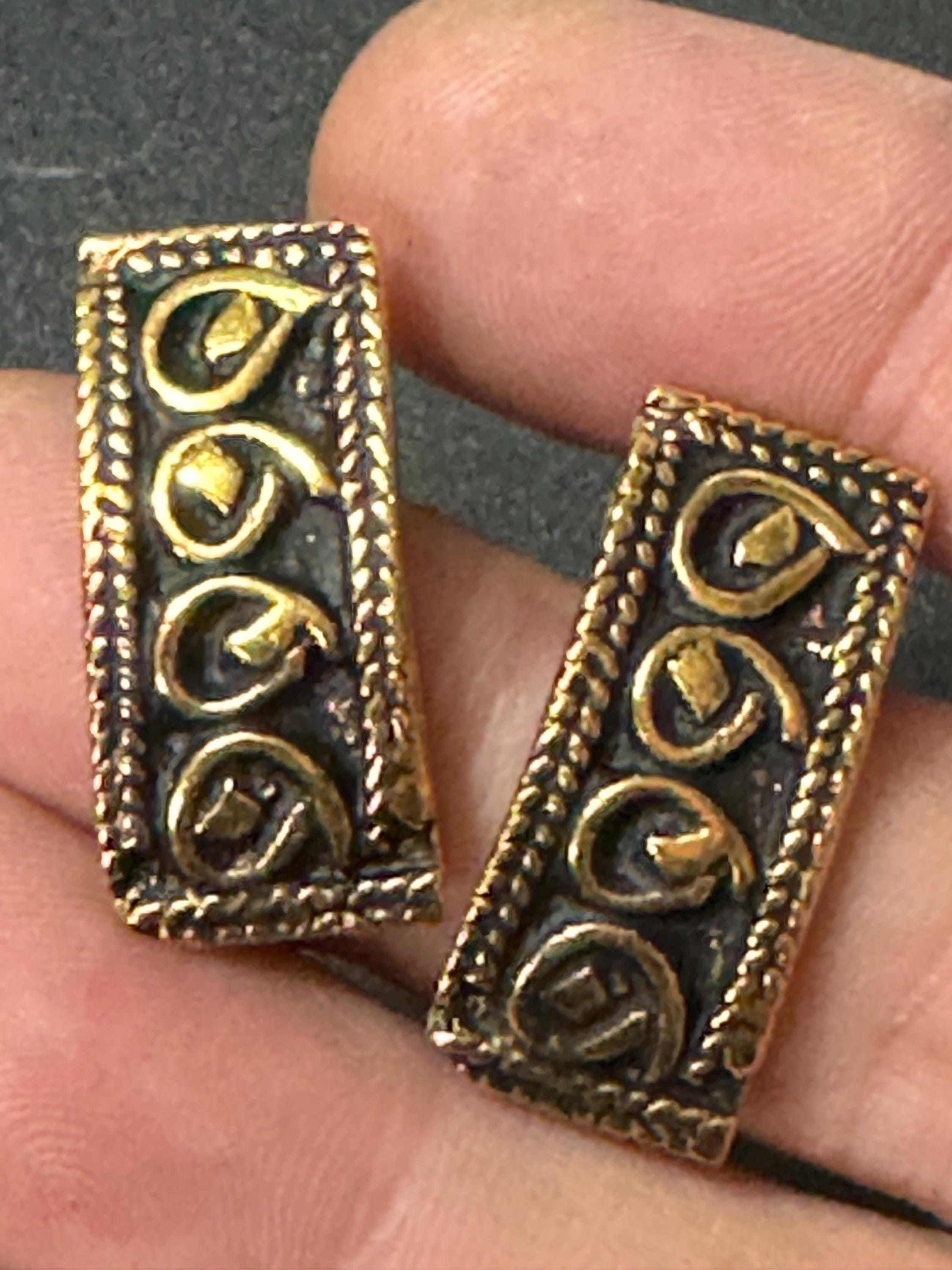 Signed Charles Duret French designer pair of vintage gold tone modernist textured pierced earrings from France