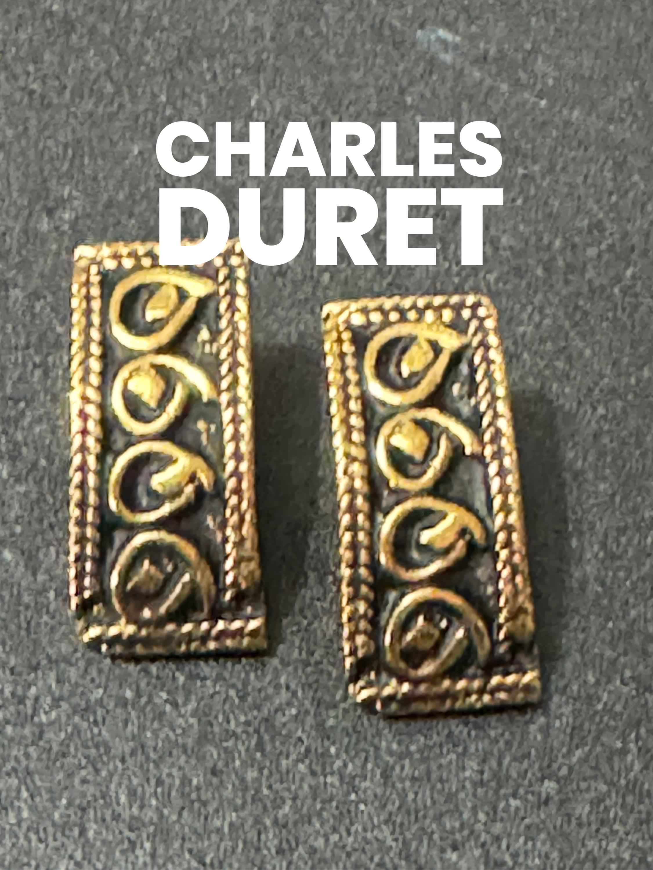 Signed Charles Duret French designer pair of vintage gold tone modernist textured pierced earrings from France