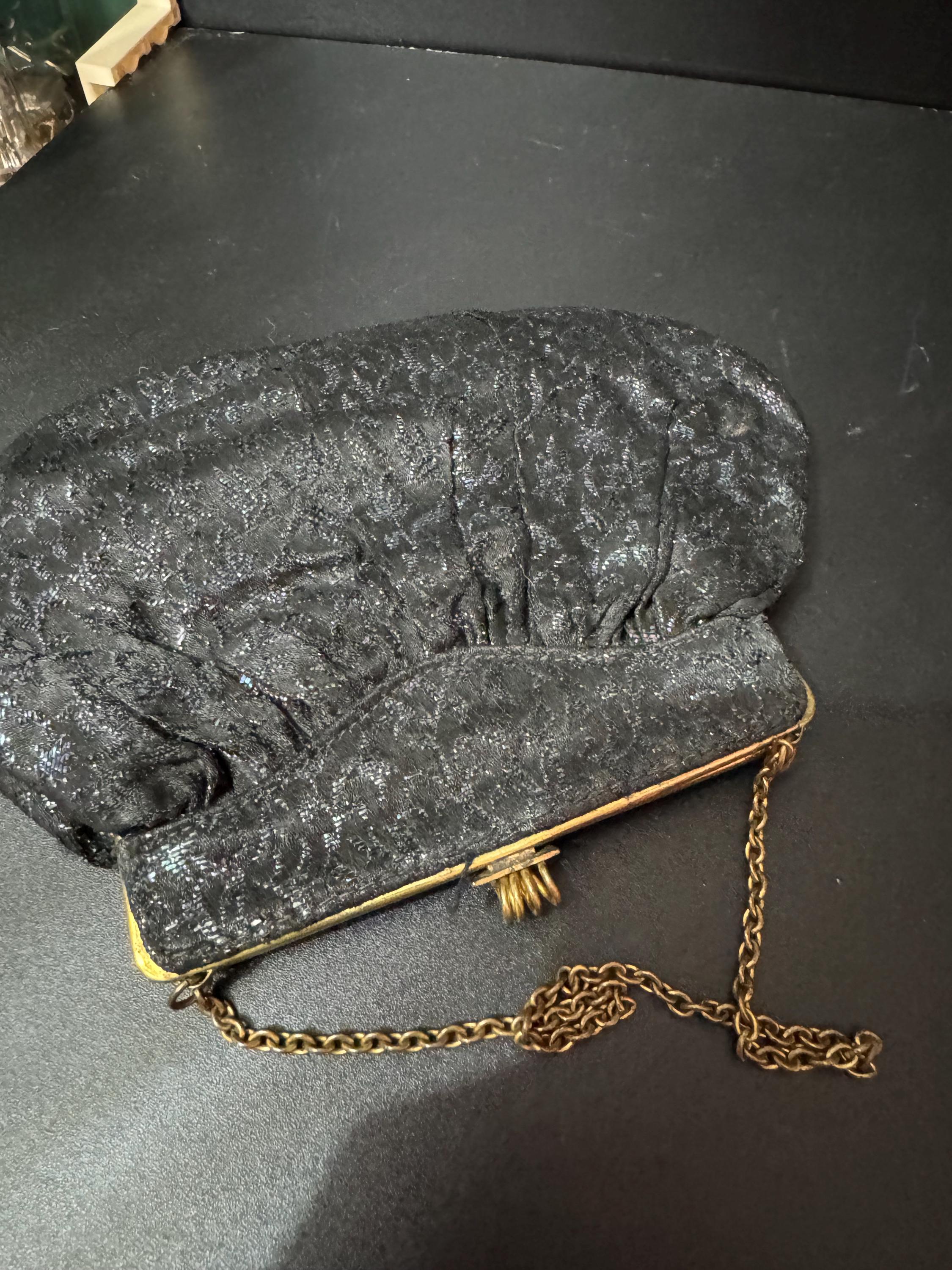 Vintage little black evening purse with brass clasps and rainbow thread work art deco