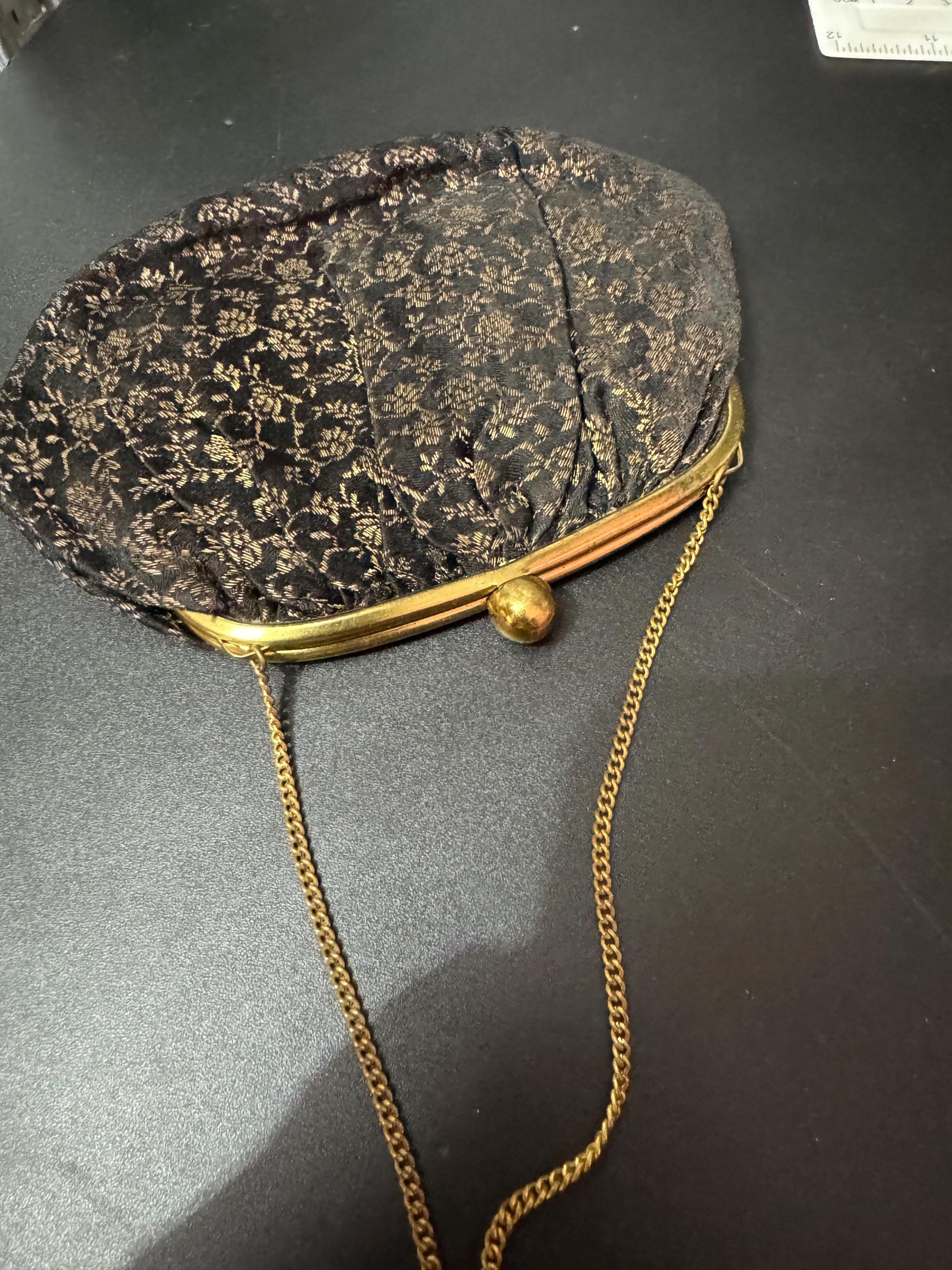 Vintage little black evening purse with brass clasps and gold thread work art deco