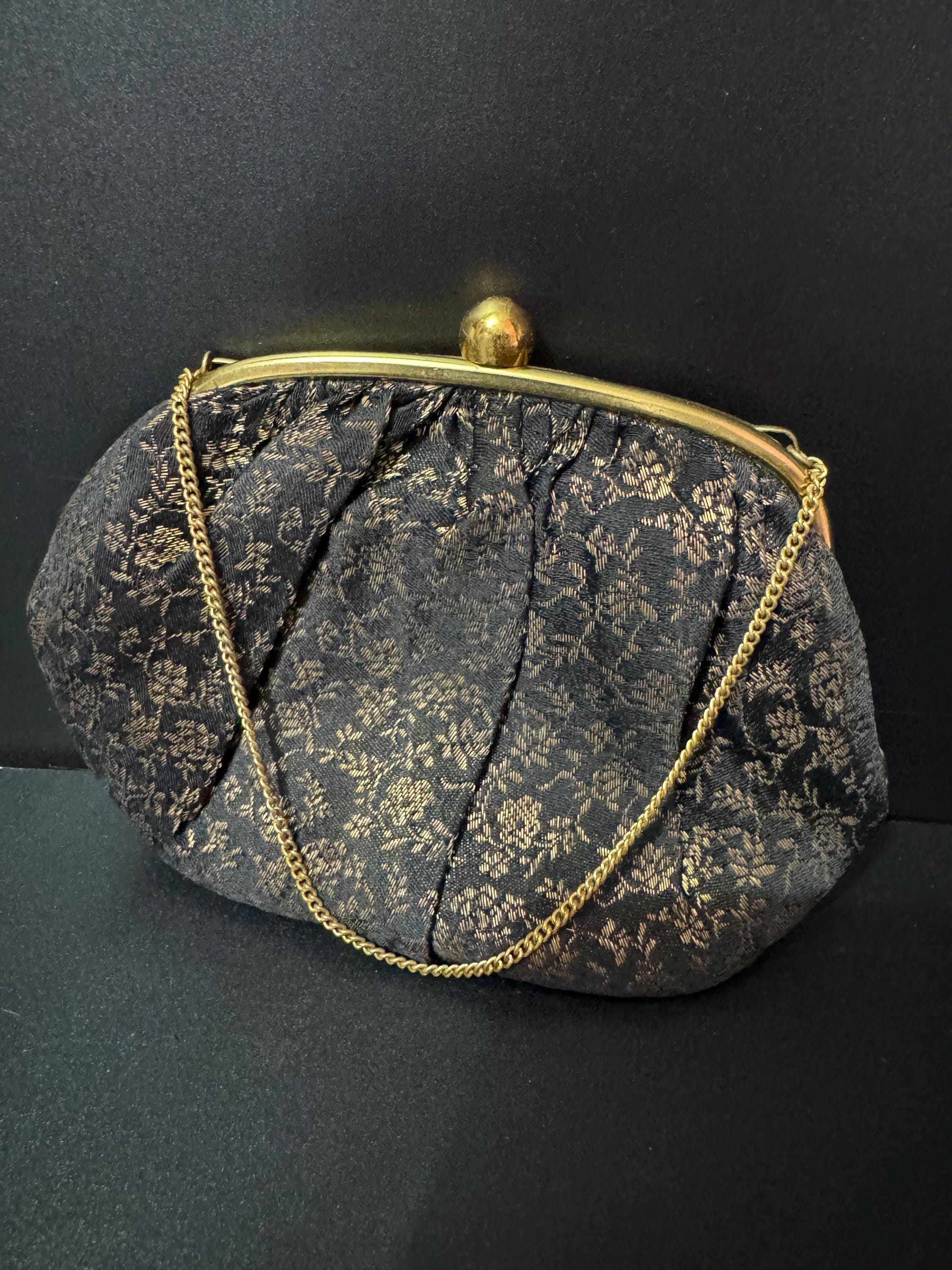 Vintage little black evening purse with brass clasps and gold thread work art deco