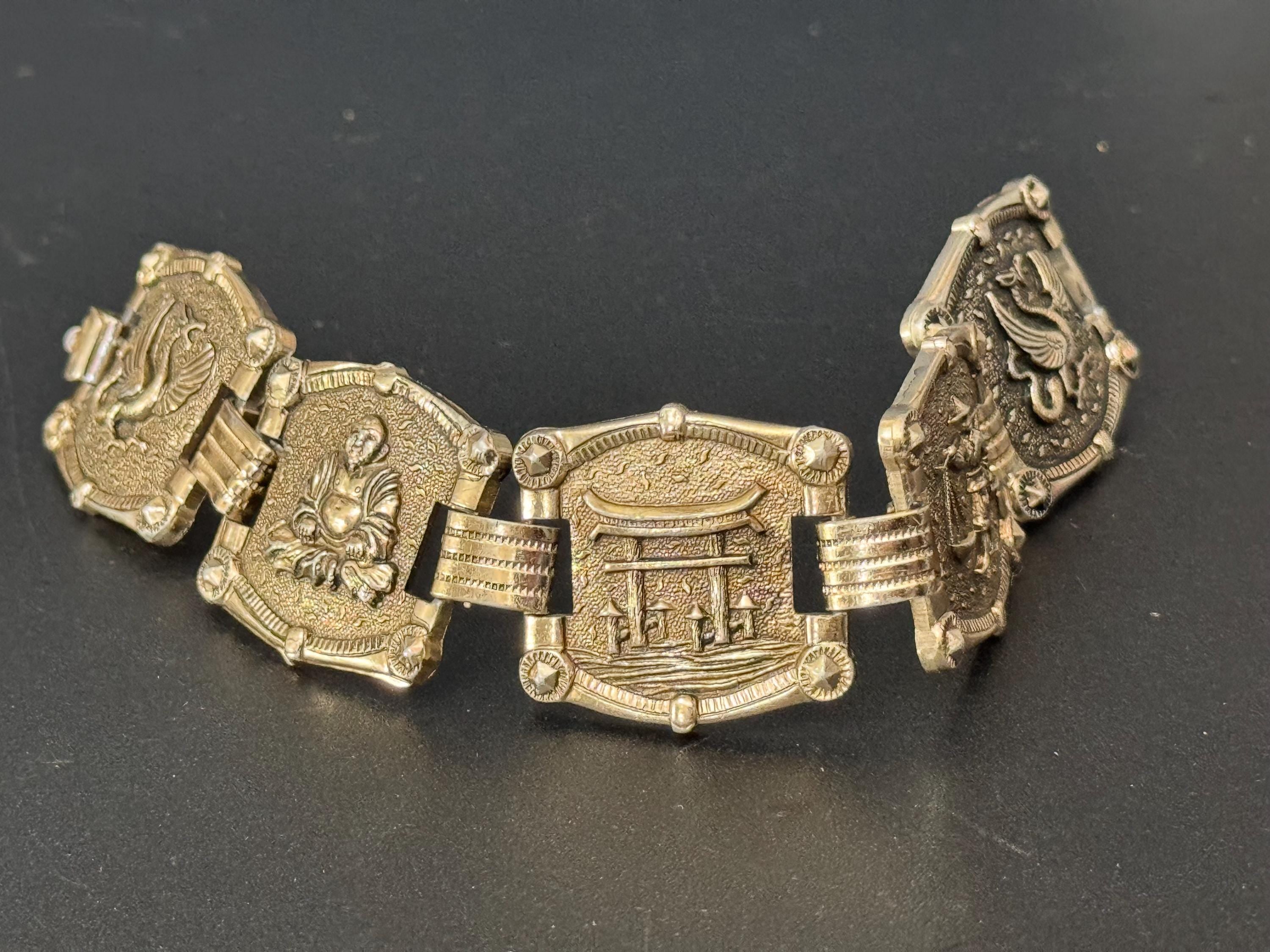 Chinese revival Vintage Souvenir tourist panel link bracelet lightweight aluminium souvenir from china, silver tone