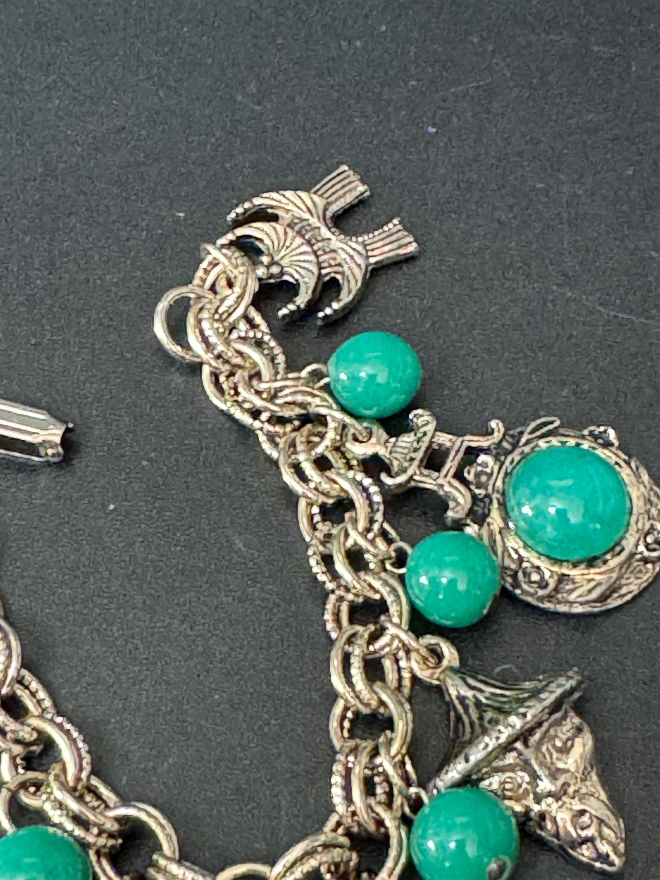 Vintage Gold tone Chinese chain link chunky jade green cabochon charm bracelet 1960s 1970s