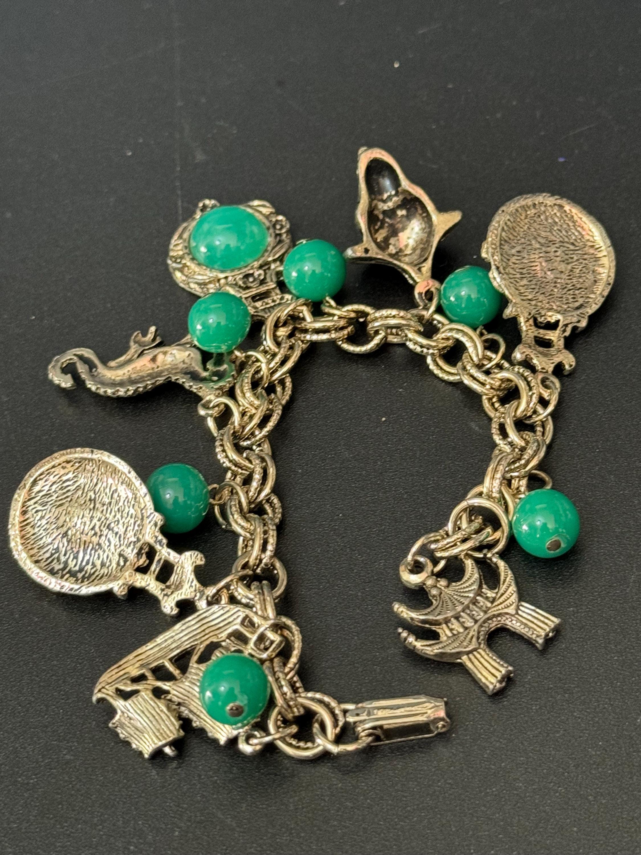 Vintage Gold tone Chinese chain link chunky jade green cabochon charm bracelet 1960s 1970s