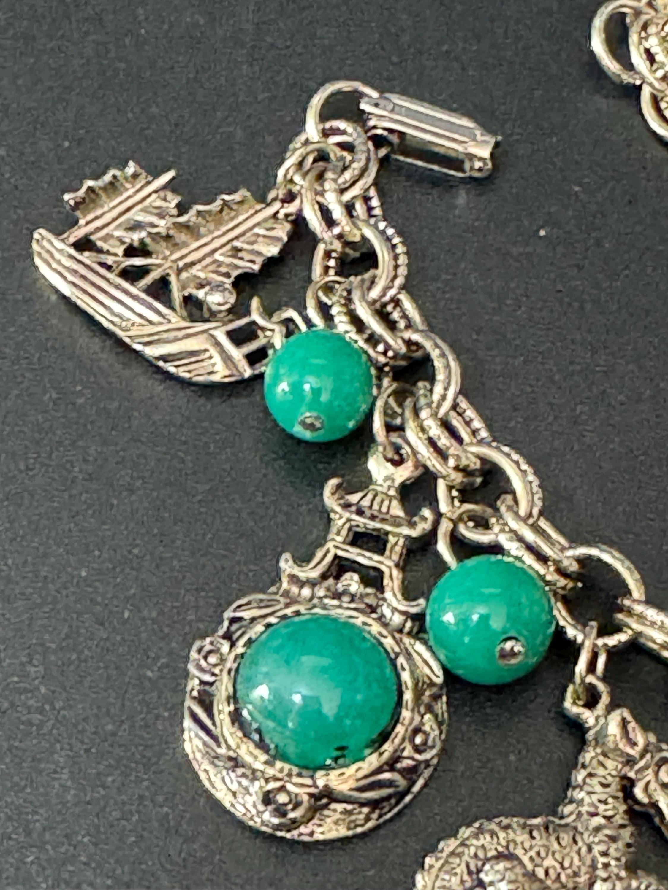 Vintage Gold tone Chinese chain link chunky jade green cabochon charm bracelet 1960s 1970s