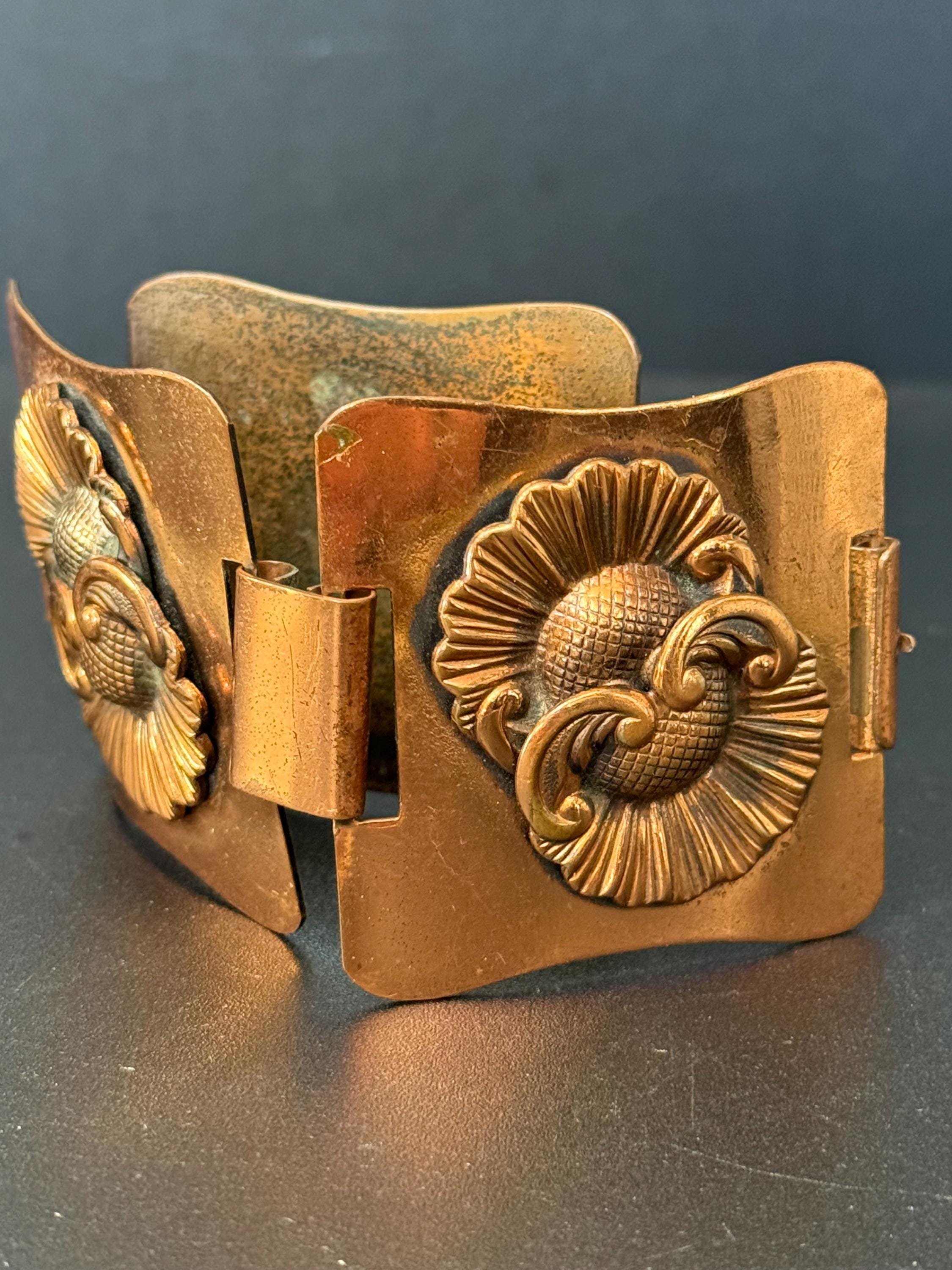 Arts & Crafts vintage copper embossed metal panel link wide floral cuff bracelet