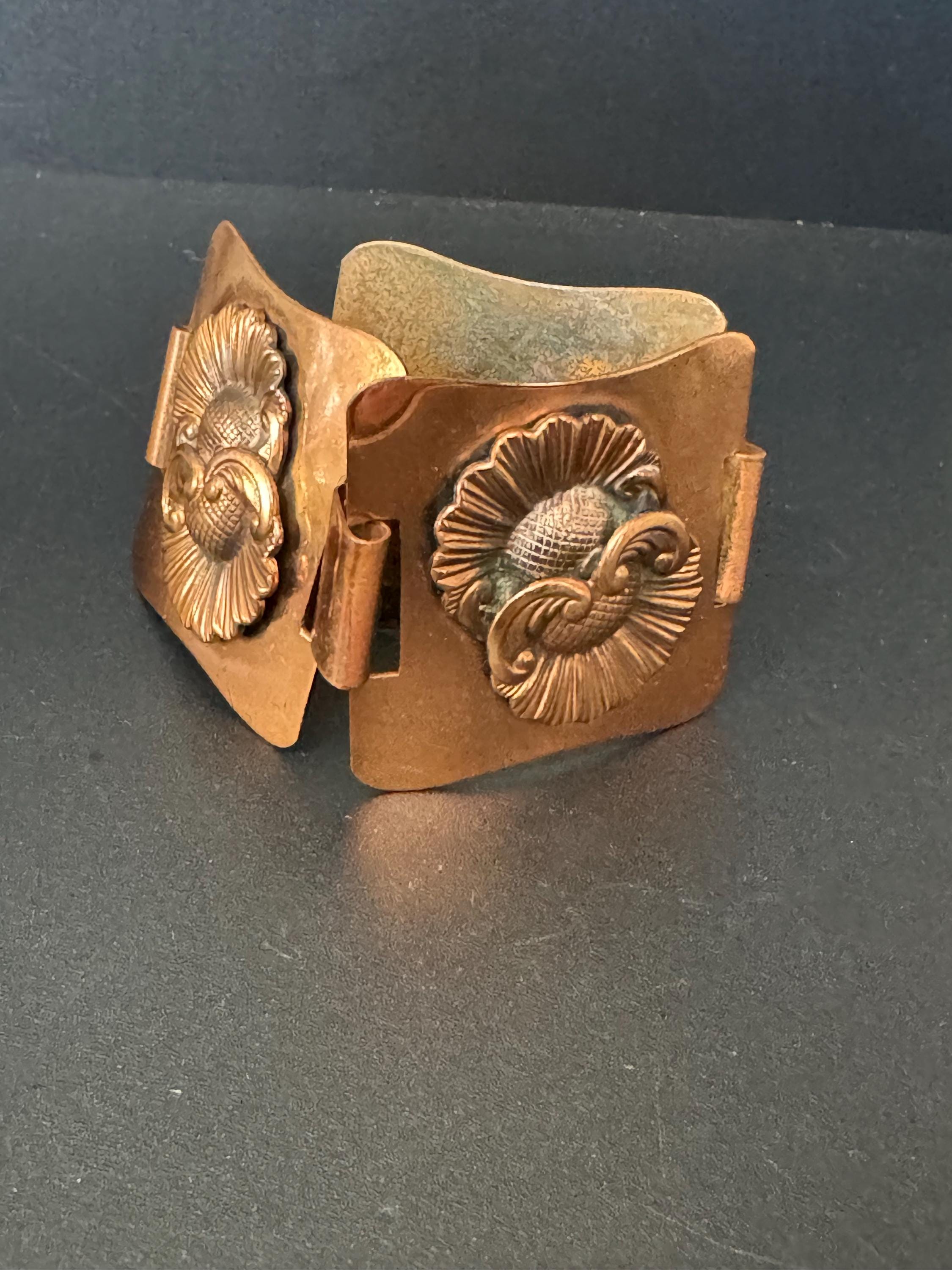 Arts & Crafts vintage copper embossed metal panel link wide floral cuff bracelet